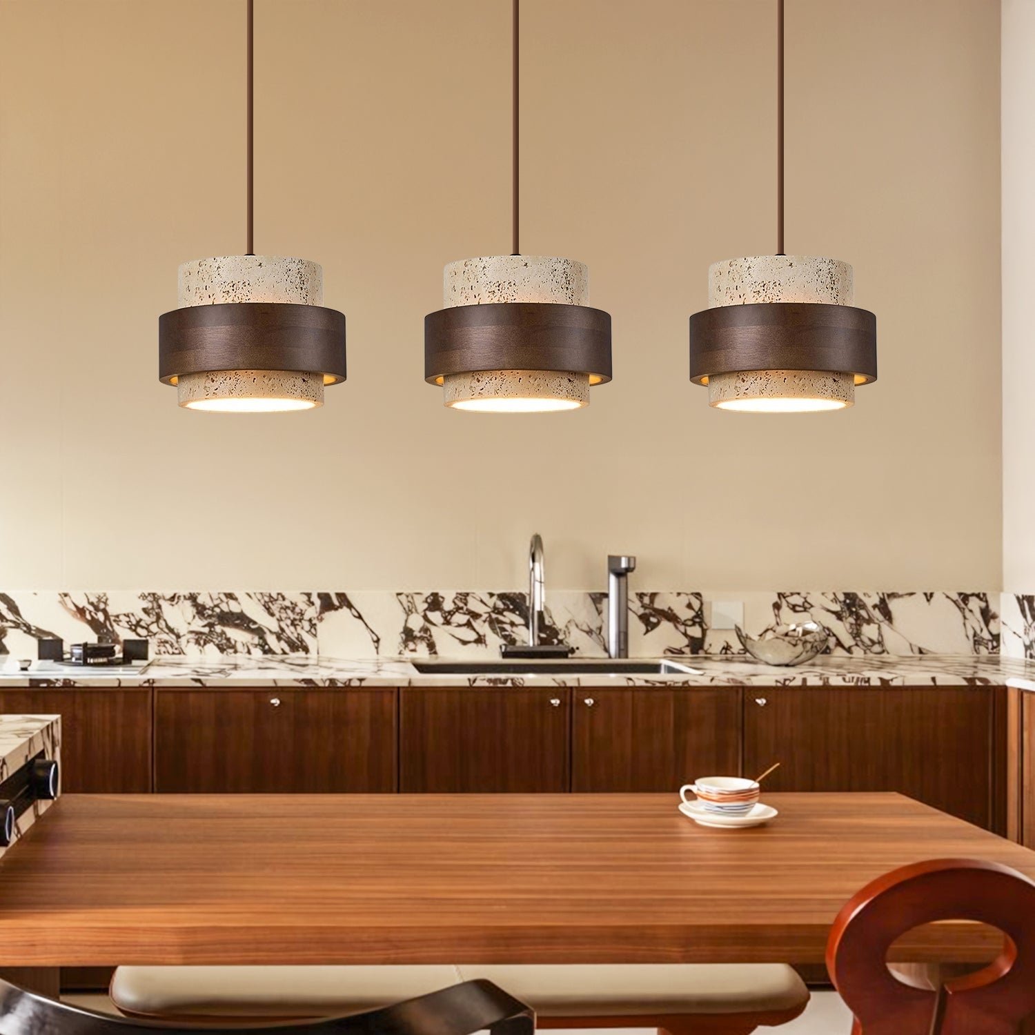 Pendant Light Travertine Wood E27 150.0 cm Walnut Dining Room Kitchen Island Hanging Ceiling Lamp Japandi Minimalist | Thomler