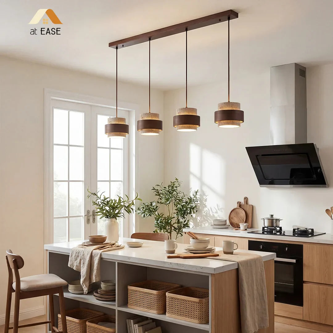 Pendant Light Travertine Wood E27 150.0 cm Walnut Dining Room Kitchen Island Hanging Ceiling Lamp Japandi Minimalist | Thomler