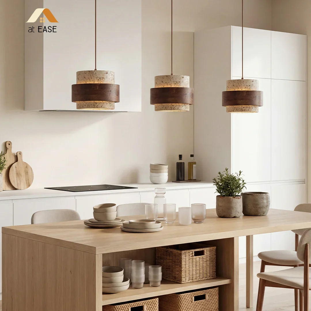 Pendant Light Travertine Wood E27 150.0 cm Walnut Dining Room Kitchen Island Hanging Ceiling Lamp Japandi Minimalist | Thomler
