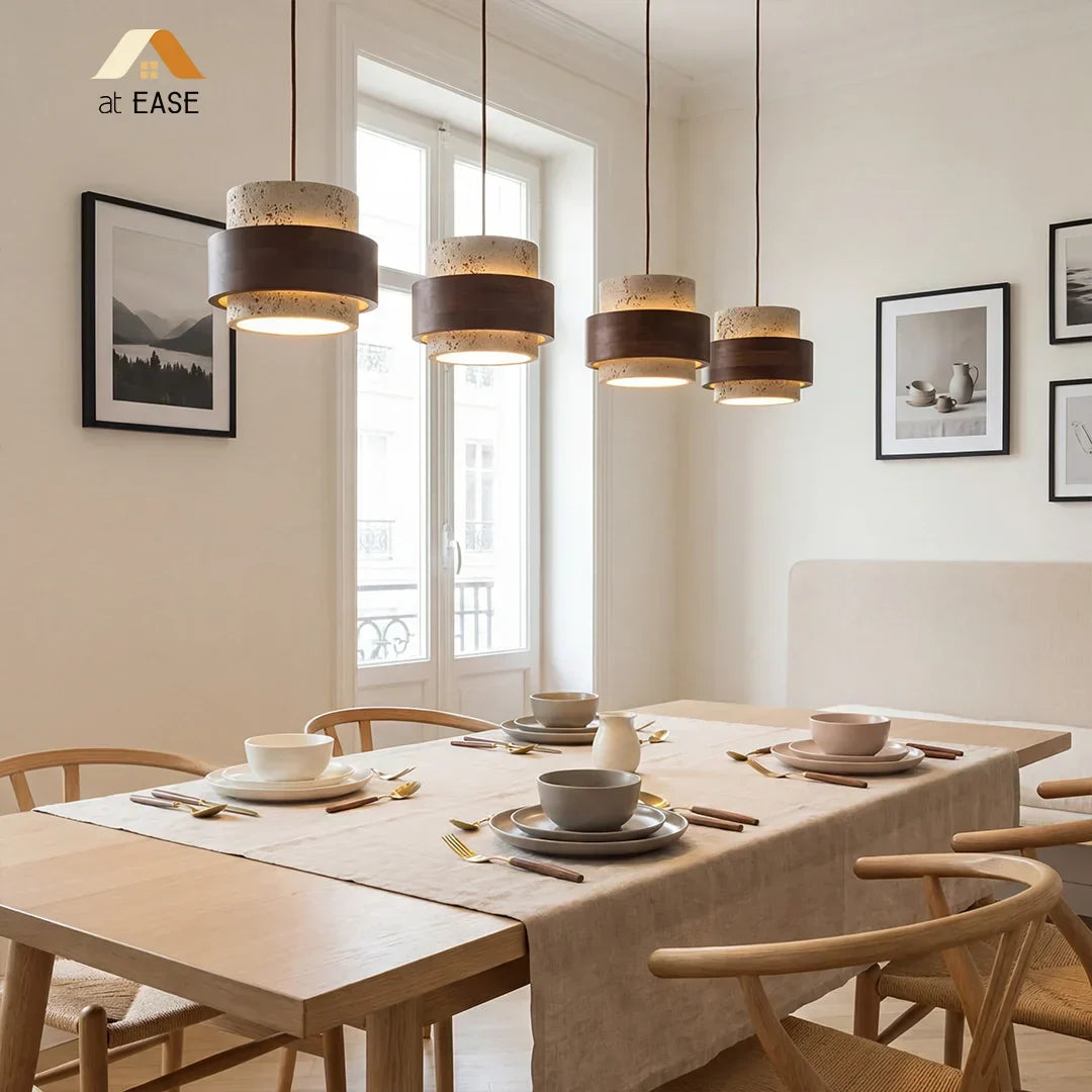 Pendant Light Travertine Wood E27 150.0 cm Walnut Dining Room Kitchen Island Hanging Ceiling Lamp Japandi Minimalist | Thomler