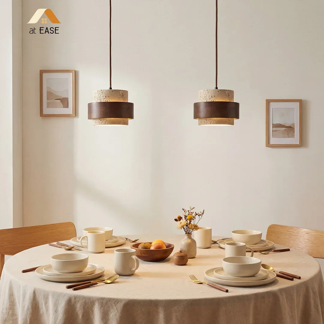 Pendant Light Travertine Wood E27 150.0 cm Walnut Dining Room Kitchen Island Hanging Ceiling Lamp Japandi Minimalist | Thomler