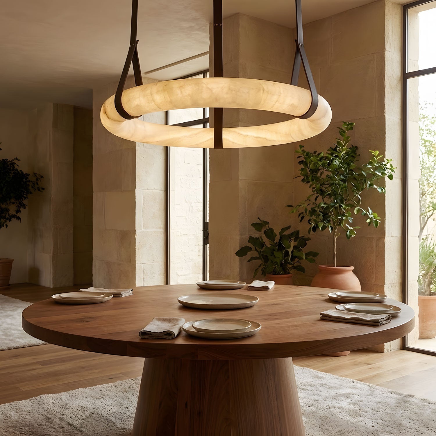 Pendant Light Alabaster Ring LED Ø 120.0 cm Gold Dining Room Halo Hanging Ceiling Lamp Adjustable | Thomler