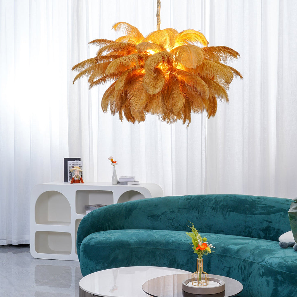 Chandelier Ostrich Feather 43.3 in Dia Luxury Indoor Ceiling Light Polished Brass 6 G9 Bulbs | Thomler