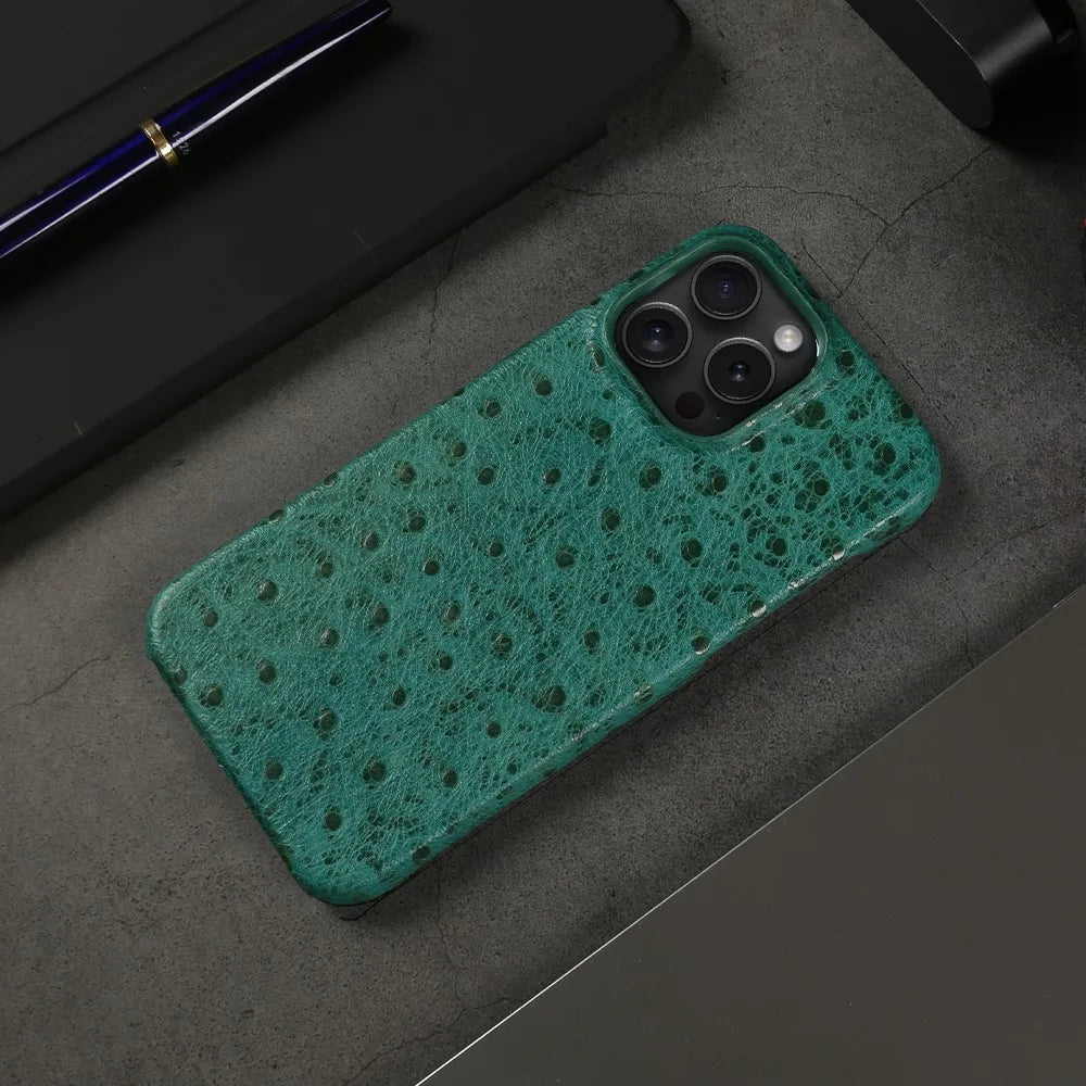 Genuine Ostrich Leather iPhone Case for 14/15/16/17 Series – Shock-Absorbing with Soft Lining & Raised Edges | Thomler