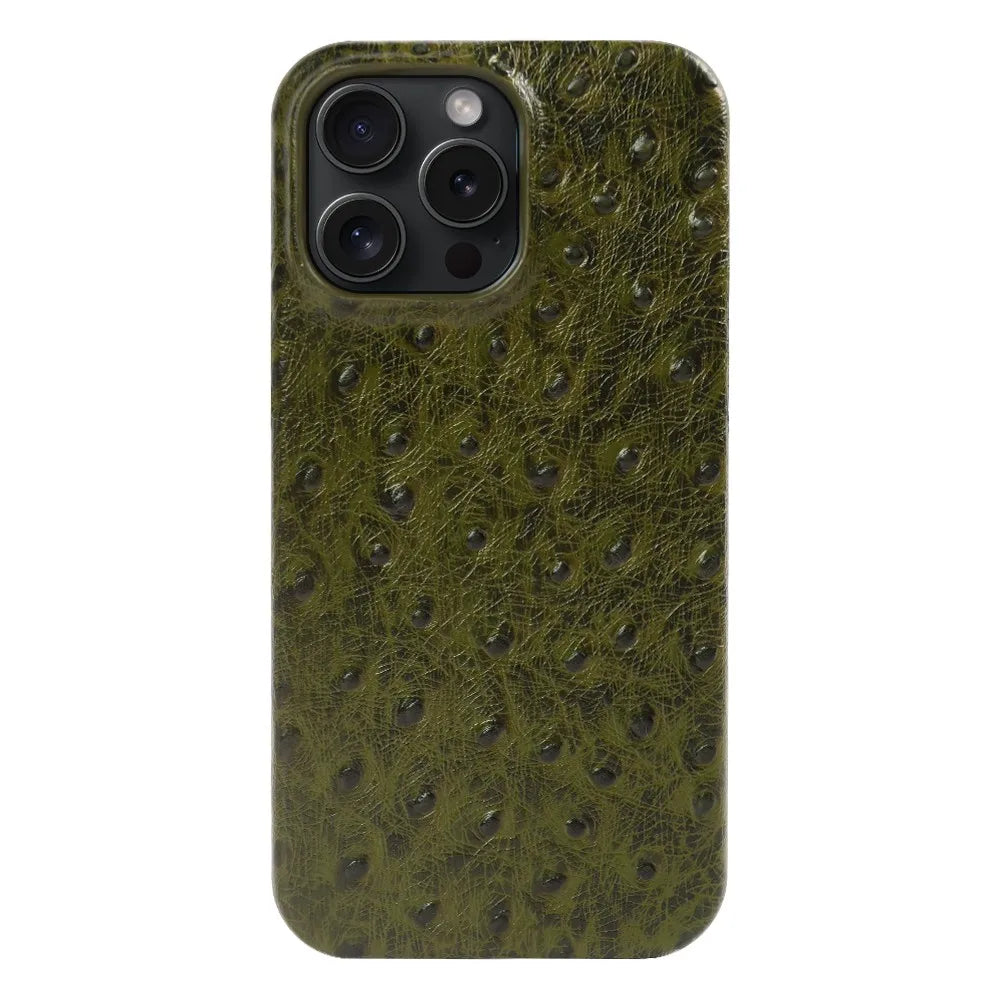 Genuine Ostrich Leather iPhone Case for 14/15/16/17 Series – Shock-Absorbing with Soft Lining & Raised Edges | Thomler