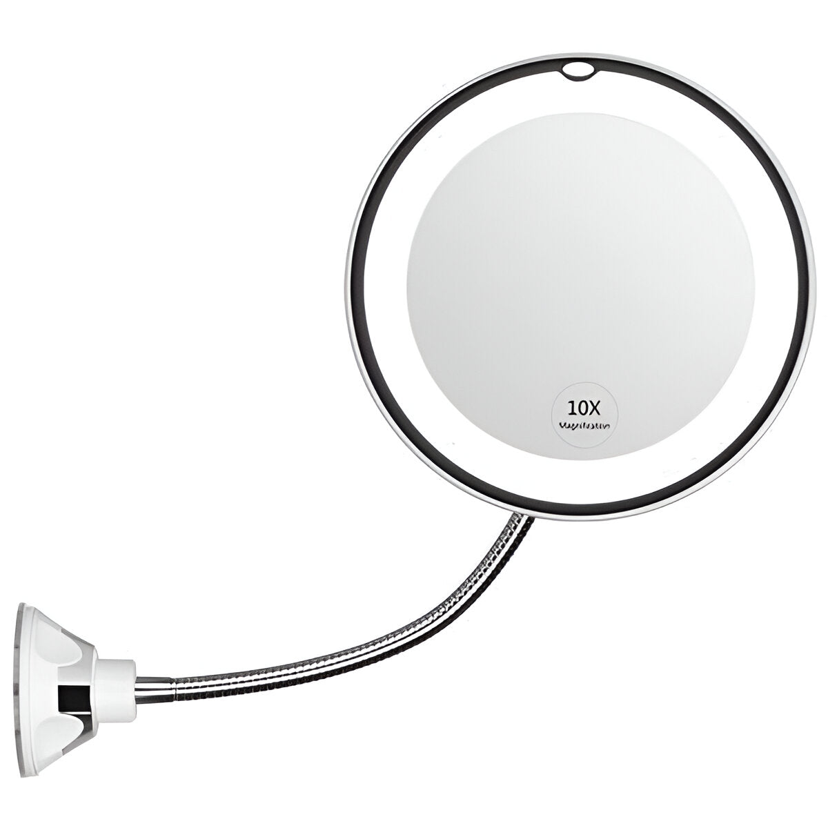 Magnifying Cosmetic Mirror with LED Ring Light and Suction Base – 10X Zoom, 360° Adjustable Arm, Battery Powered | Thomler