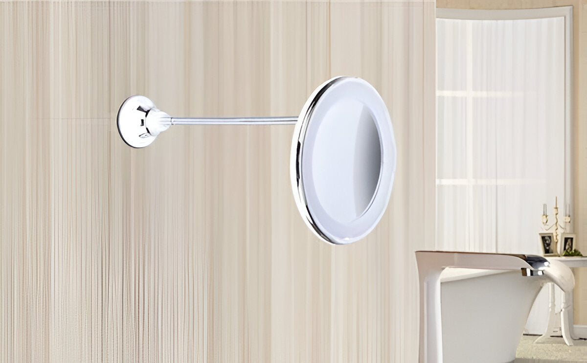 Magnifying Cosmetic Mirror with LED Ring Light and Suction Base – 10X Zoom, 360° Adjustable Arm, Battery Powered | Thomler