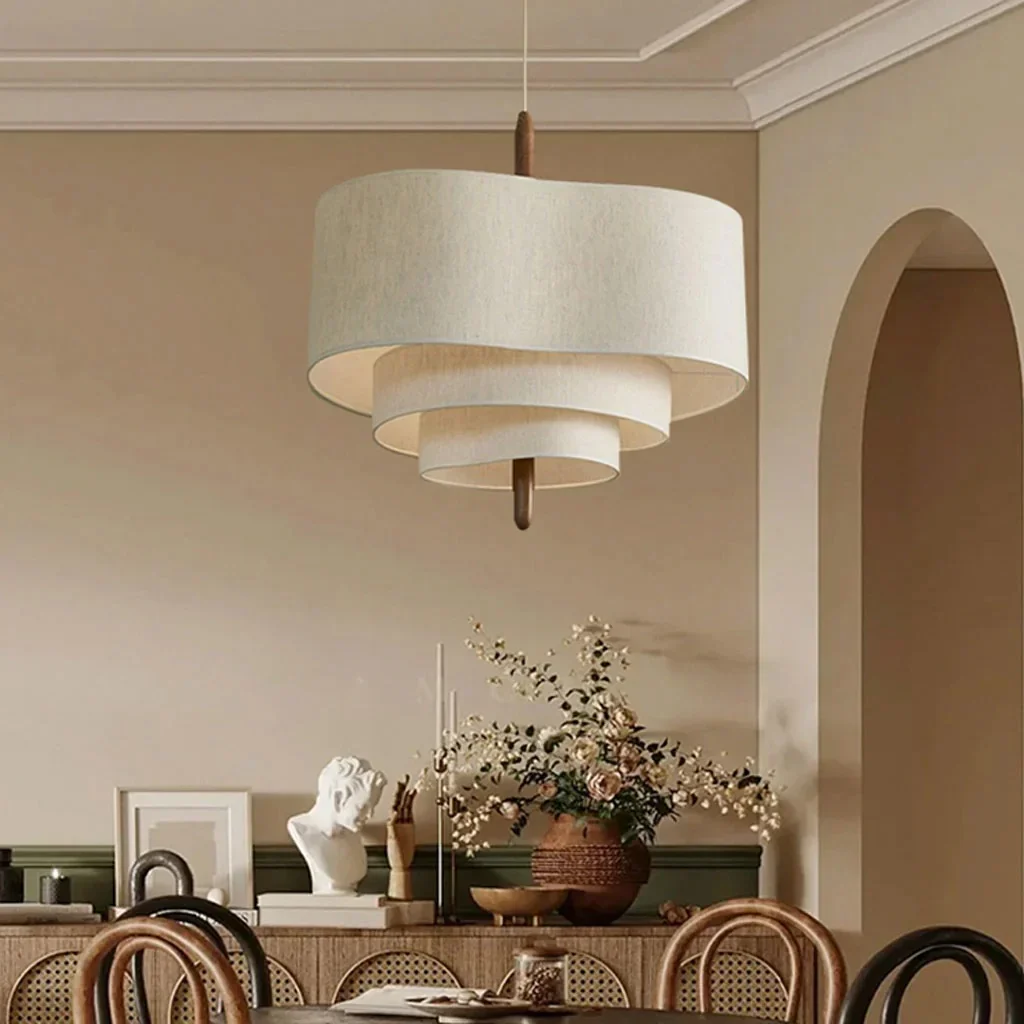 Pendant Light Fabric Wood 58.0 cm Beige Dining Room Japandi Wabi Sabi Hanging Ceiling Lamp Adjustable E27 | Thomler