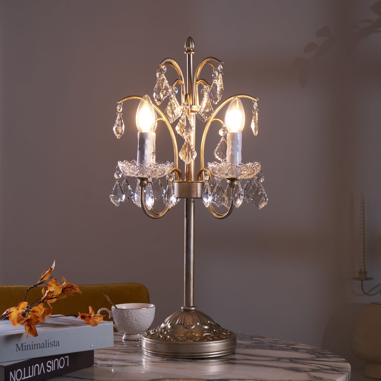 Table Lamp Metal Crystal Glass 21.7 in Height Chandelier Style Living Room Bedroom | Thomler