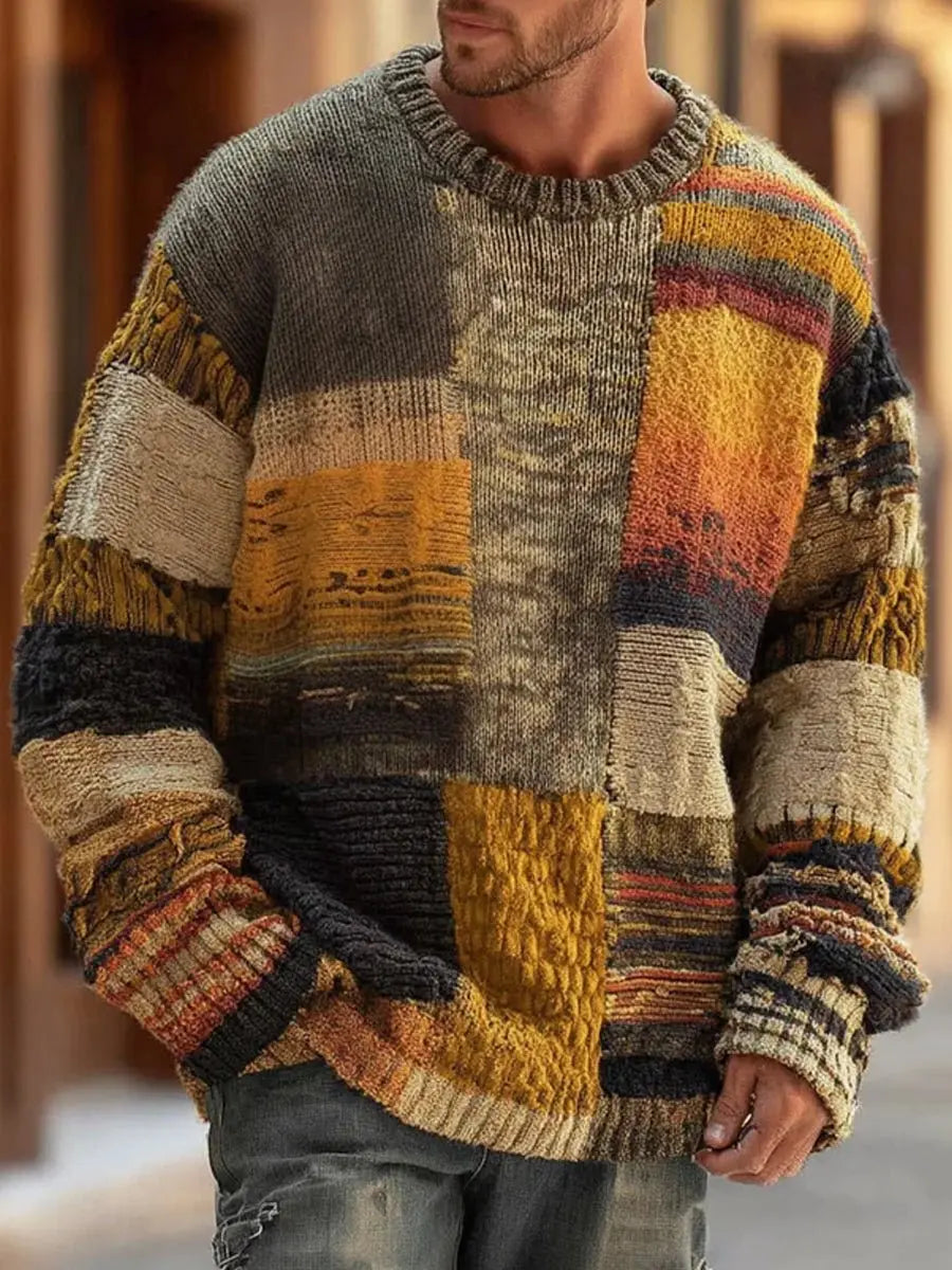 Heavyweight Colorblock Crewneck Sweater for Men – Bold Multi-Panel Design | Thomler