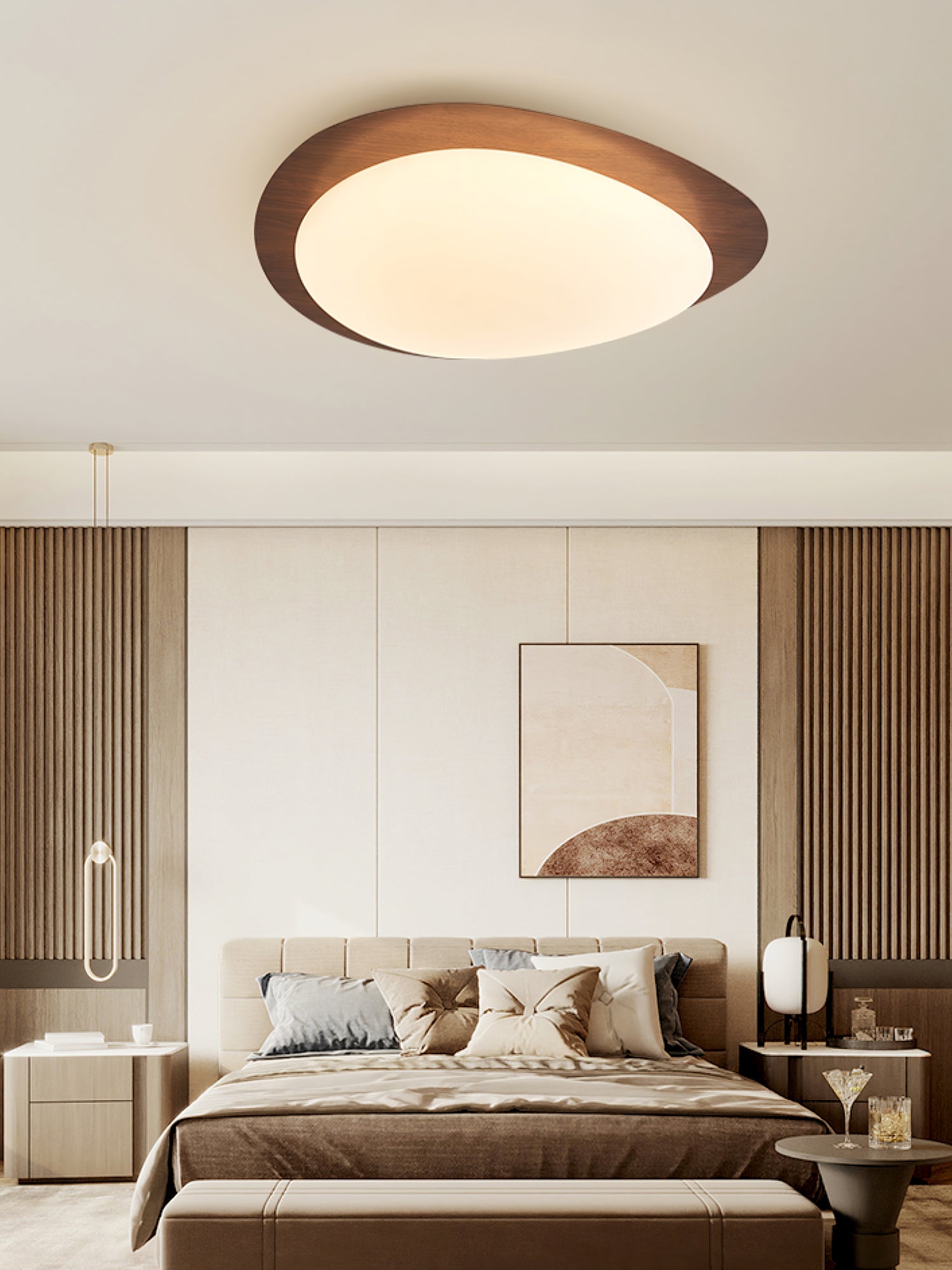 Pebble Ceiling Light 11.8 in 12W Walnut Grain Indoor Flush Mount LED | Modern Bedroom Living Room Dining Room Ceiling Fixture | Thomler