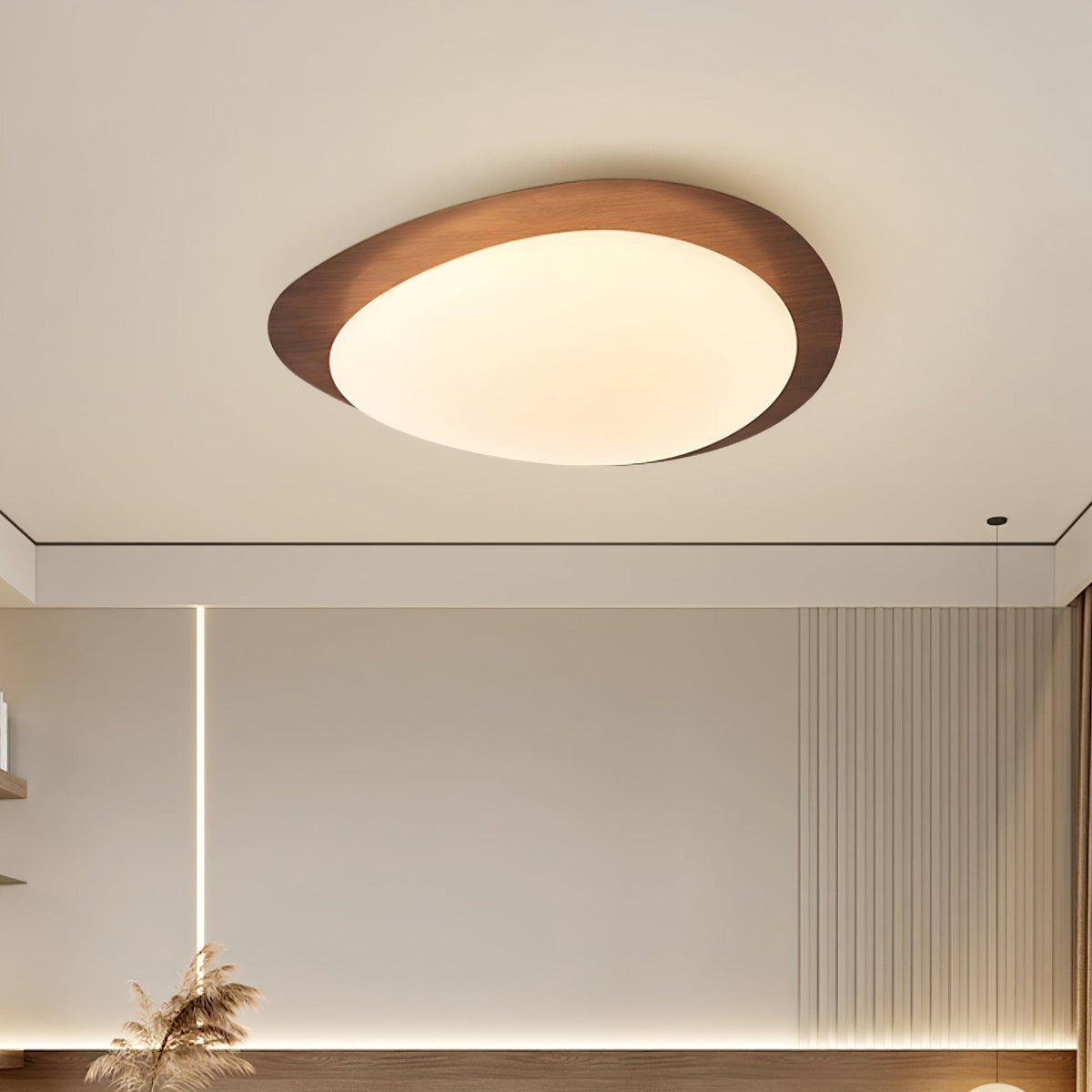 Organic Stone-Shaped Flush Mount LED Ceiling Fixture with Woodgrain Acrylic Diffuser for Living Room & Dining | Thomler