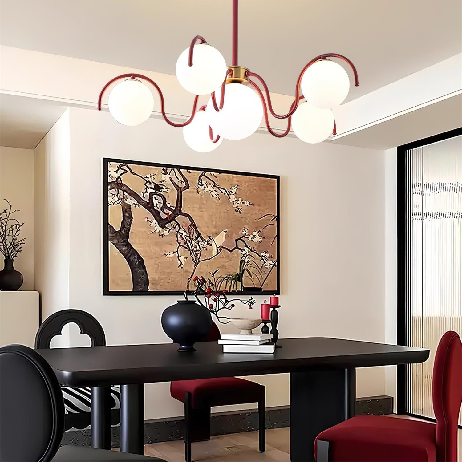 Chandelier Metal Glass 29.5 in Multi Head Red Dining Room Ceiling Fixture Modern Branch Lighting Kitchen Island Hanging Light | Thomler