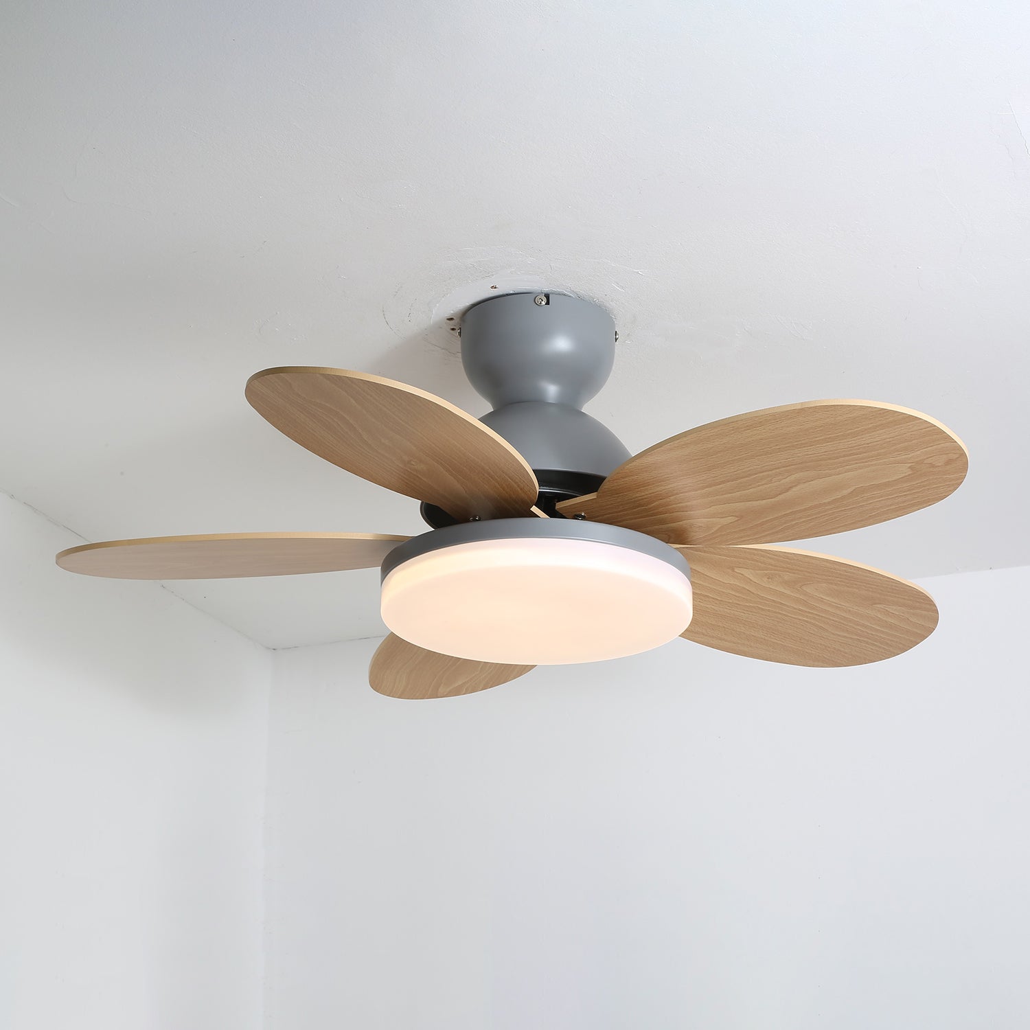 Ceiling Fan Light 35.4 in Wood Blades Grey Indoor Living Room Modern LED Lighting | Thomler