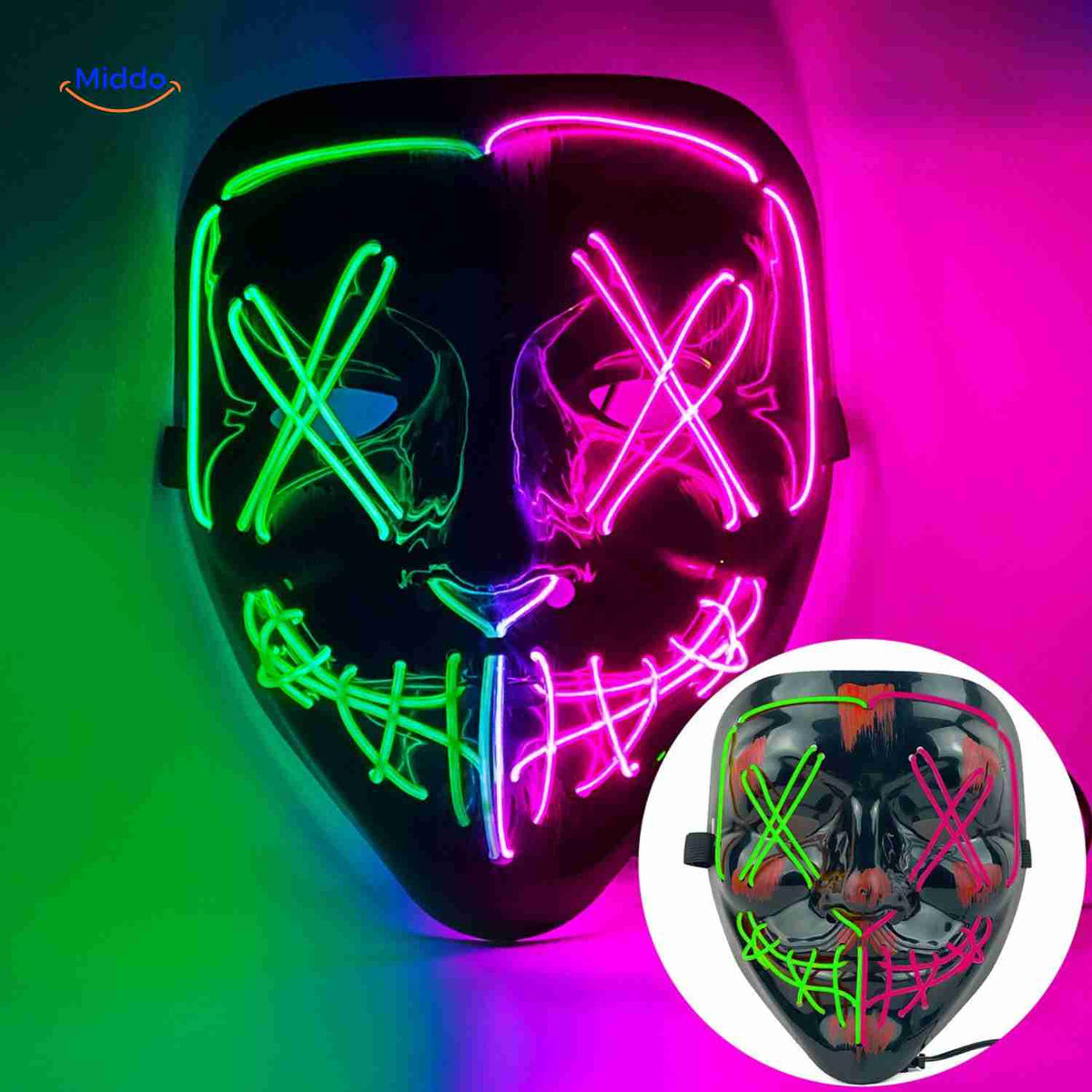 Illuminated Horror Face Mask – LED Electroluminescent Wire, 4 Light Modes, Foam-Padded for Comfortable Wear at Parties, Festivals & Cosplay | Thomler