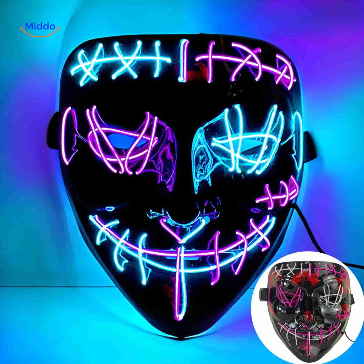 Illuminated Horror Face Mask – LED Electroluminescent Wire, 4 Light Modes, Foam-Padded for Comfortable Wear at Parties, Festivals & Cosplay | Thomler
