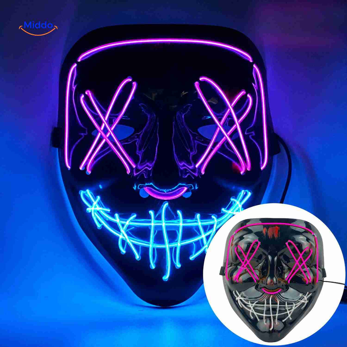 Illuminated Horror Face Mask – LED Electroluminescent Wire, 4 Light Modes, Foam-Padded for Comfortable Wear at Parties, Festivals & Cosplay | Thomler