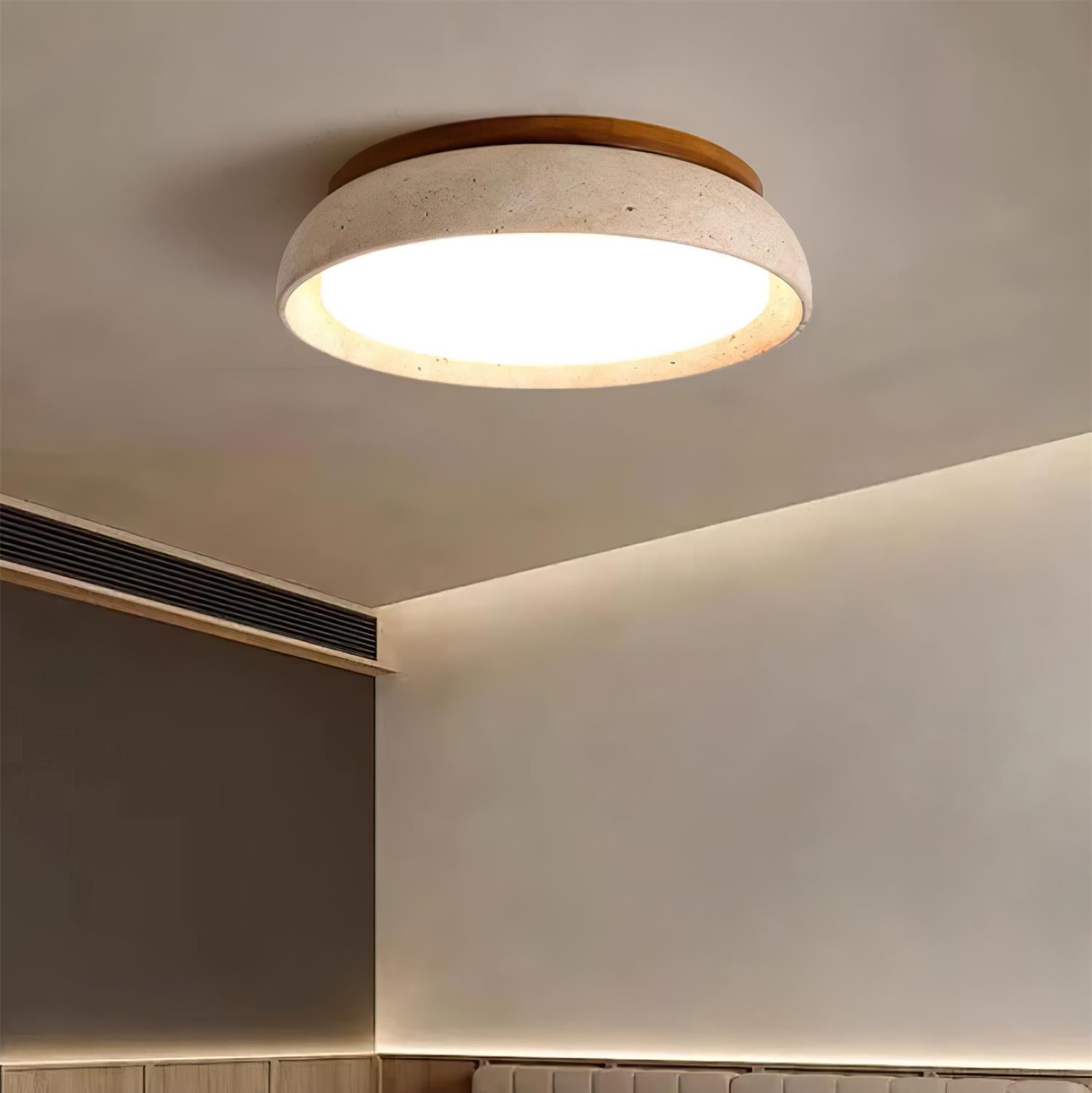 Natural Stone Flush Mount Ceiling Light – Travertine & Wood – 12 to 22 Inch – Warm White LED – for Bedroom, Living Room & Dining Room | Thomler
