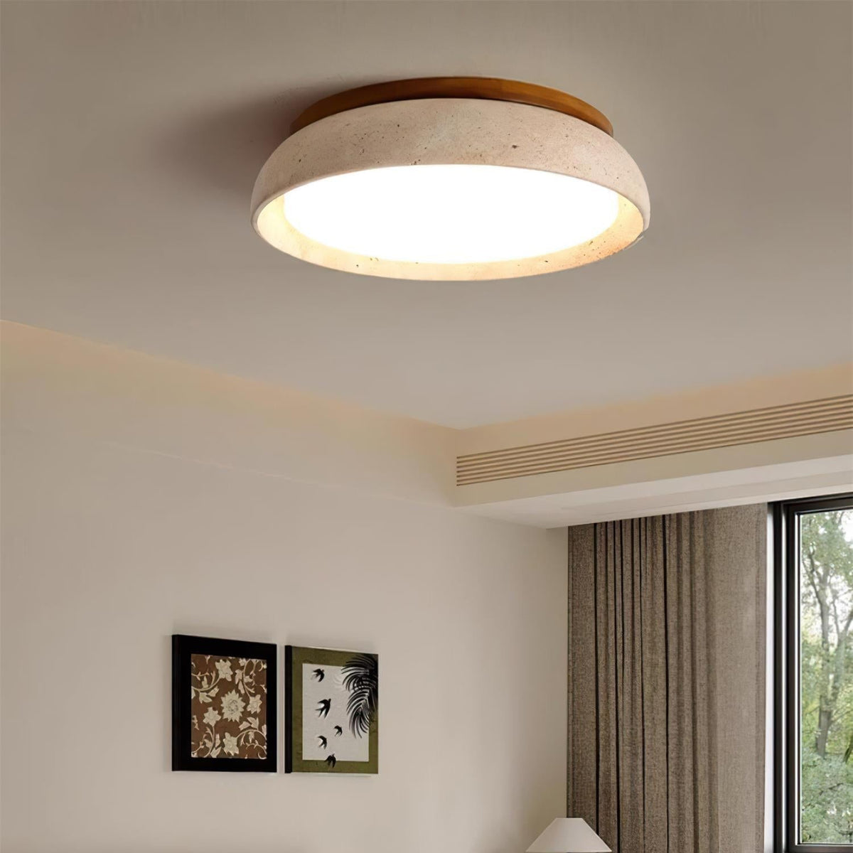 Travertine Stone Flush Mount Ceiling Light with Wood Accents for Kitchen, Bedroom, Living Room | Modern Round LED Fixture | Thomler