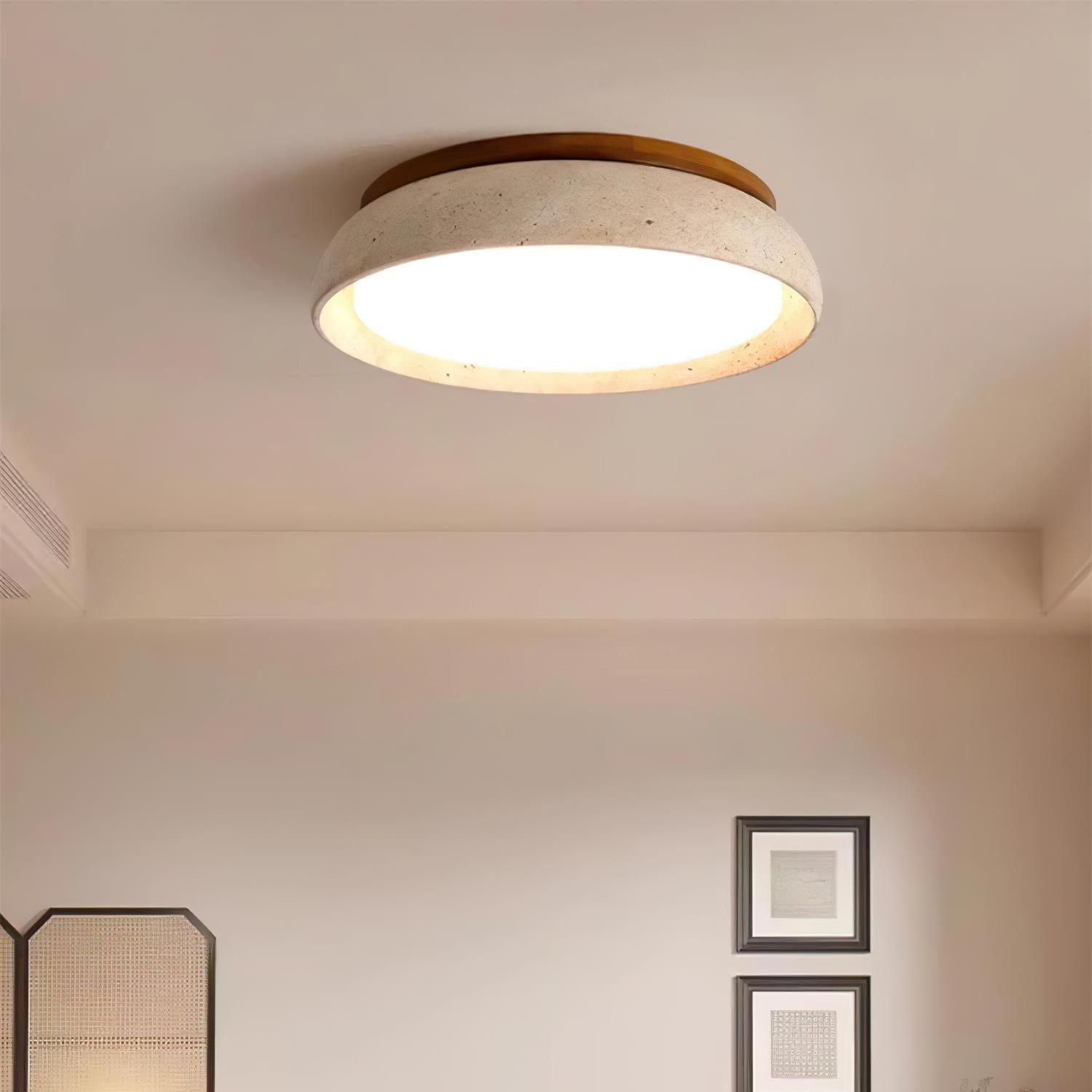 Natural Stone Flush Mount Ceiling Light – Travertine & Wood – 12 to 22 Inch – Warm White LED – for Bedroom, Living Room & Dining Room | Thomler