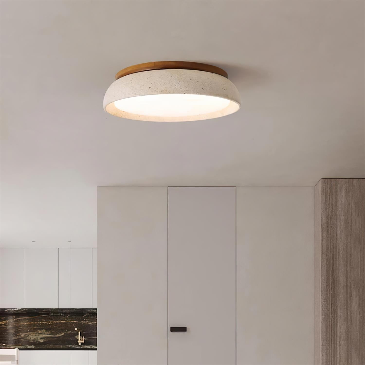 Natural Stone Flush Mount Ceiling Light – Travertine & Wood – 12 to 22 Inch – Warm White LED – for Bedroom, Living Room & Dining Room | Thomler