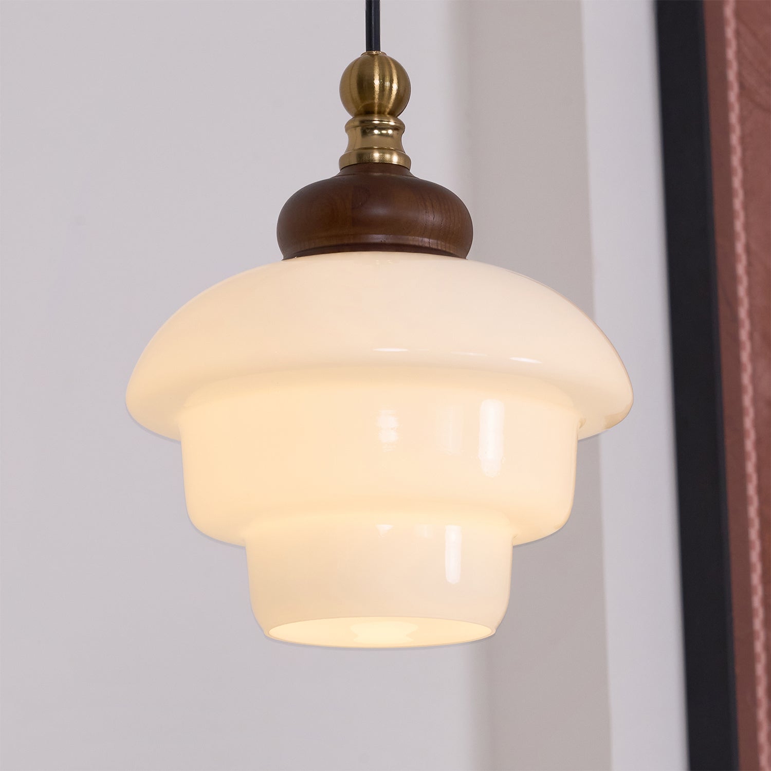 Glass Shade Hanging Lamp 6.3 Inch with Wood Accent for Kitchen Island Dining Table Overhead Fixture E26 Socket Adjustable Cord Dimmable Comp | Thomler
