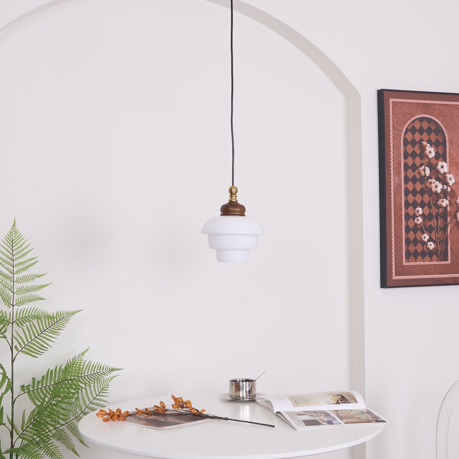 Glass Shade Hanging Lamp 6.3 Inch with Wood Accent for Kitchen Island Dining Table Overhead Fixture E26 Socket Adjustable Cord Dimmable Comp | Thomler