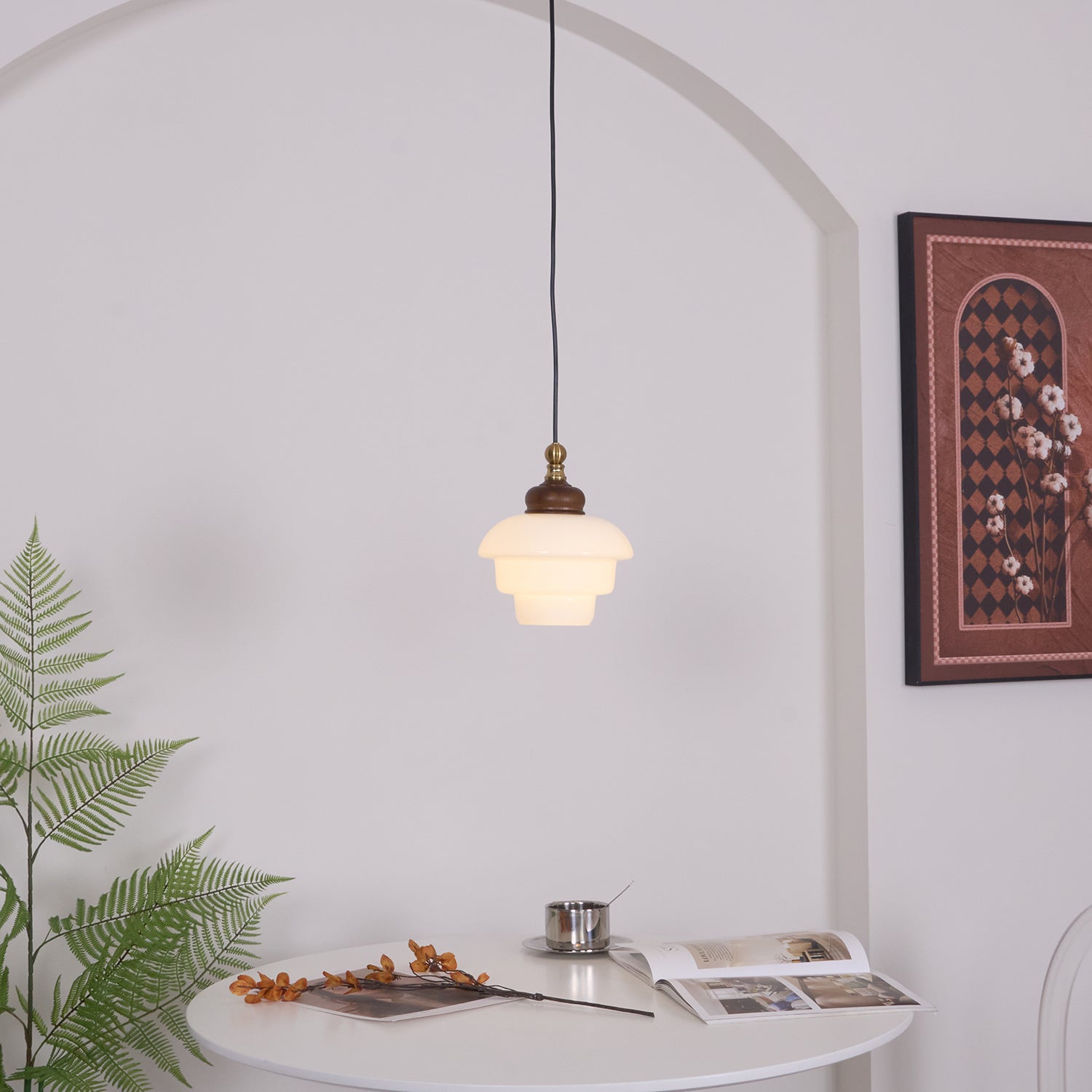 Glass Shade Hanging Lamp 6.3 Inch with Wood Accent for Kitchen Island Dining Table Overhead Fixture E26 Socket Adjustable Cord Dimmable Comp | Thomler
