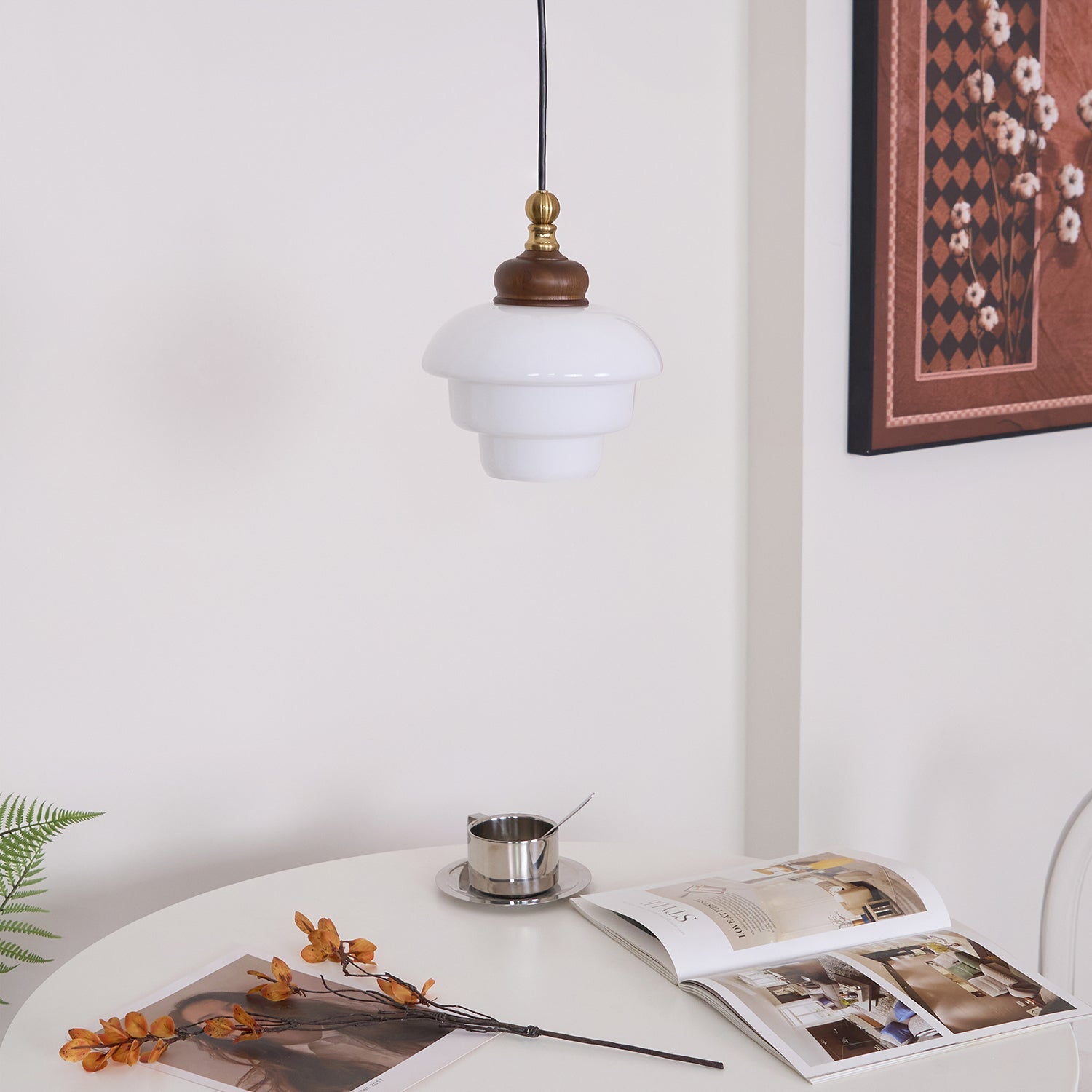 Glass Shade Hanging Lamp 6.3 Inch with Wood Accent for Kitchen Island Dining Table Overhead Fixture E26 Socket Adjustable Cord Dimmable Comp | Thomler