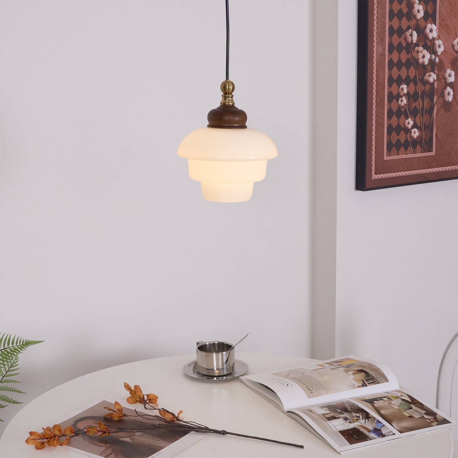 Glass Shade Hanging Lamp 6.3 Inch with Wood Accent for Kitchen Island Dining Table Overhead Fixture E26 Socket Adjustable Cord Dimmable Comp | Thomler
