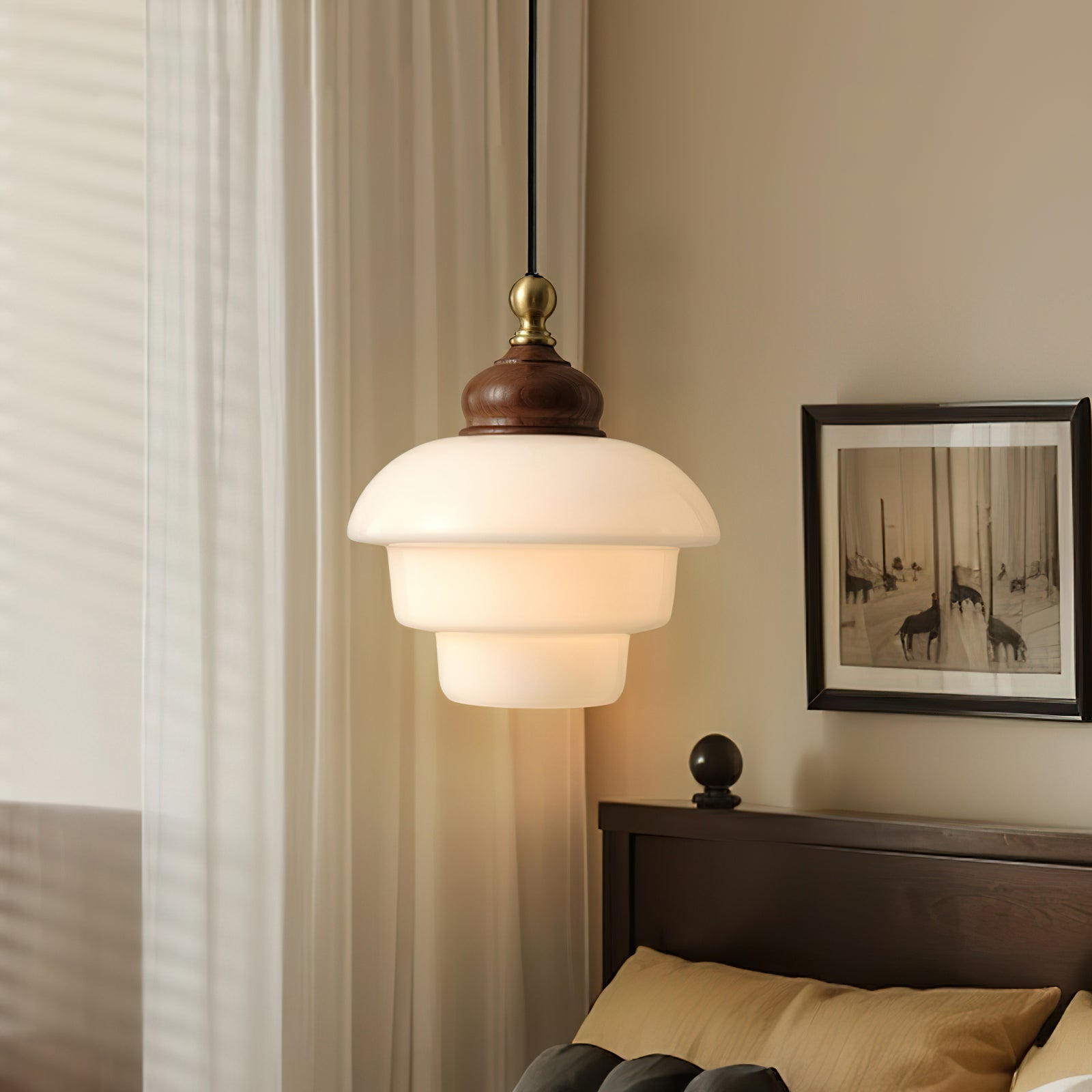 Glass Shade Hanging Lamp 6.3 Inch with Wood Accent for Kitchen Island Dining Table Overhead Fixture E26 Socket Adjustable Cord Dimmable Comp | Thomler