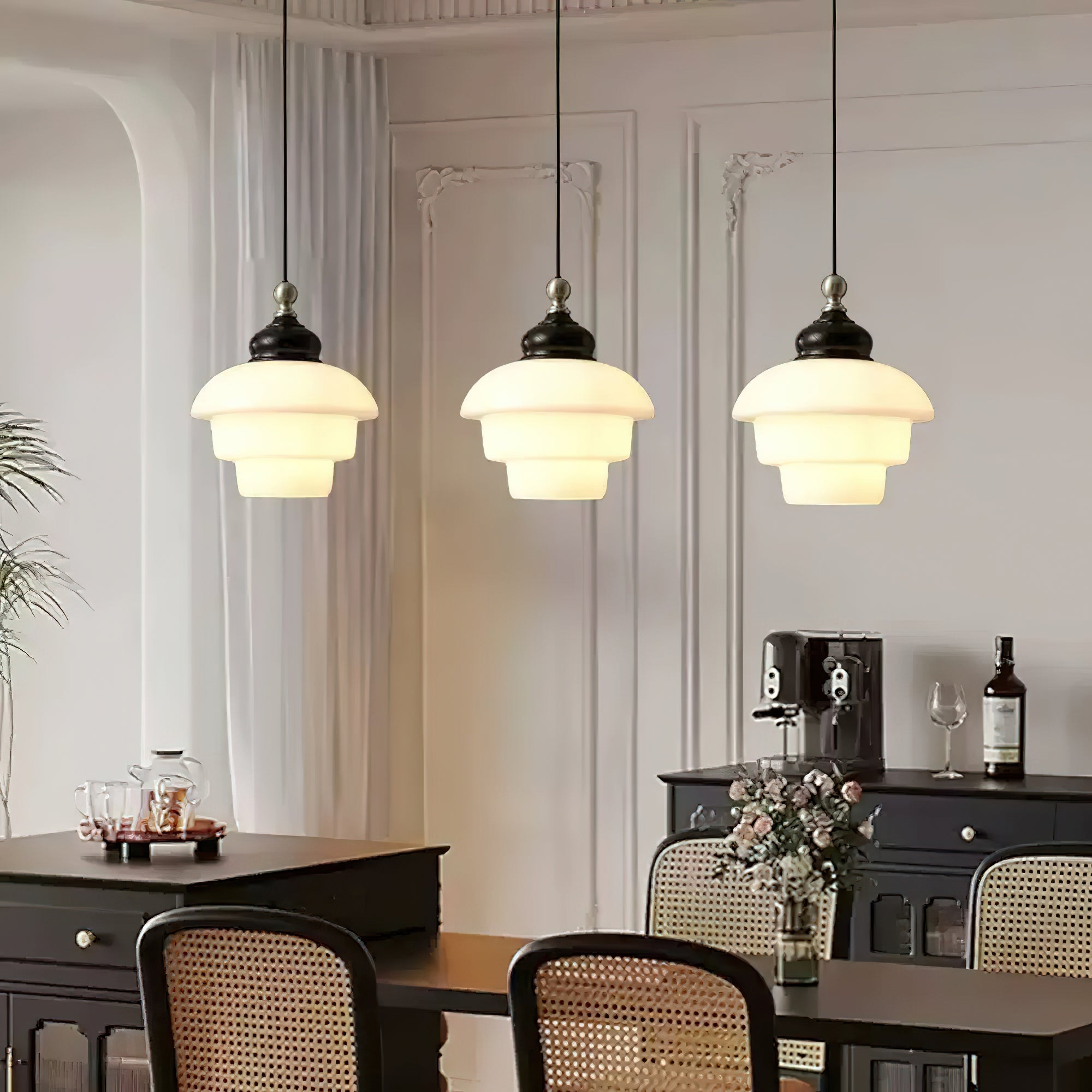 Glass Shade Hanging Lamp 6.3 Inch with Wood Accent for Kitchen Island Dining Table Overhead Fixture E26 Socket Adjustable Cord Dimmable Comp | Thomler