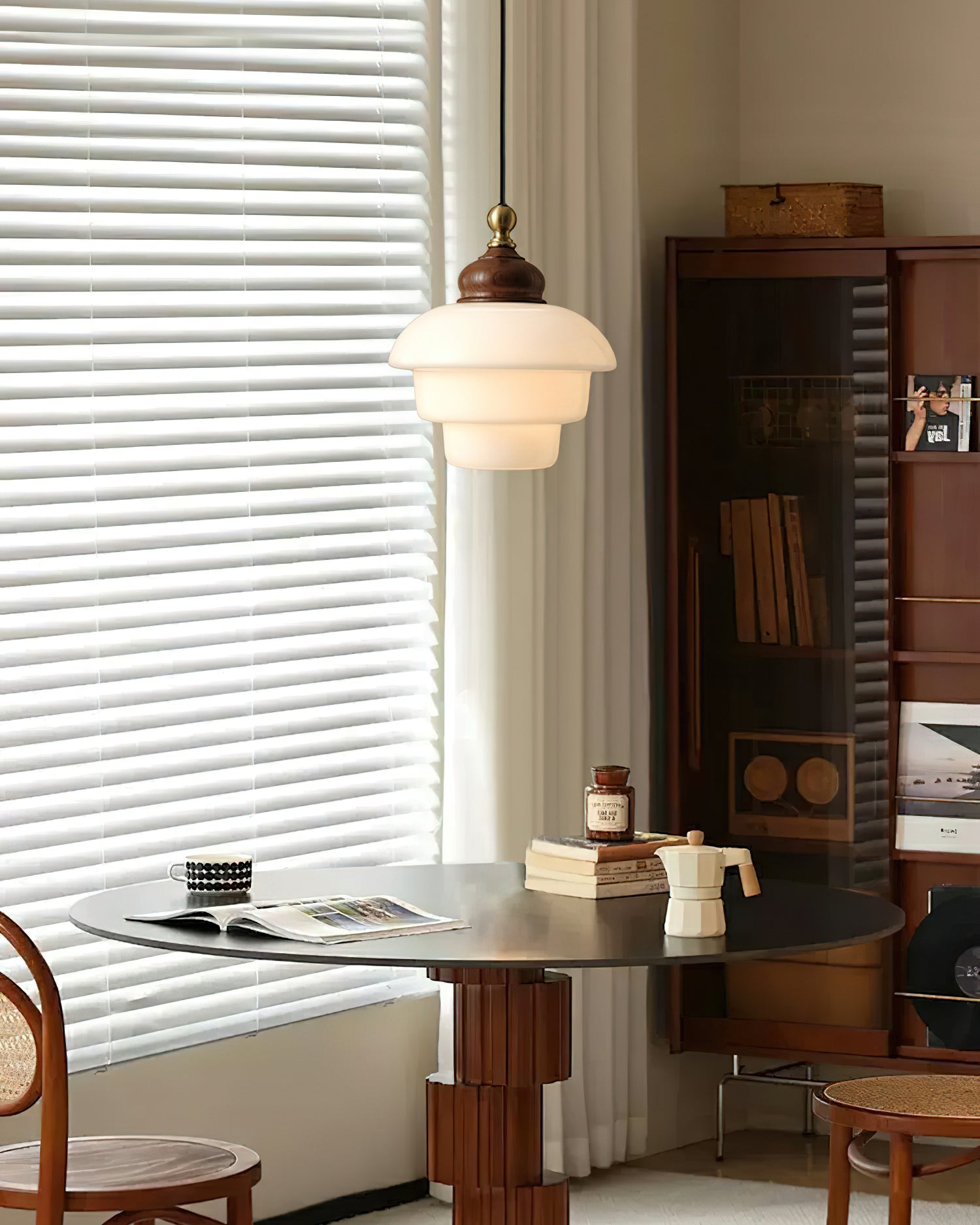 Glass Shade Hanging Lamp 6.3 Inch with Wood Accent for Kitchen Island Dining Table Overhead Fixture E26 Socket Adjustable Cord Dimmable Comp | Thomler