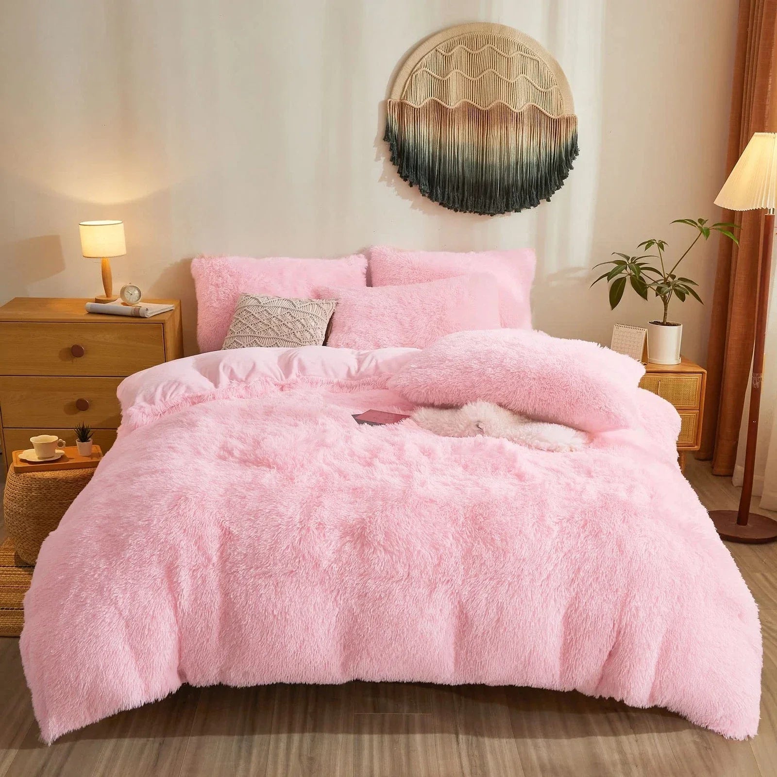 Reversible Faux Fur Duvet Cover Set - Plush Shaggy & Velvet 4-Piece Bedding - Full Queen King | Thomler