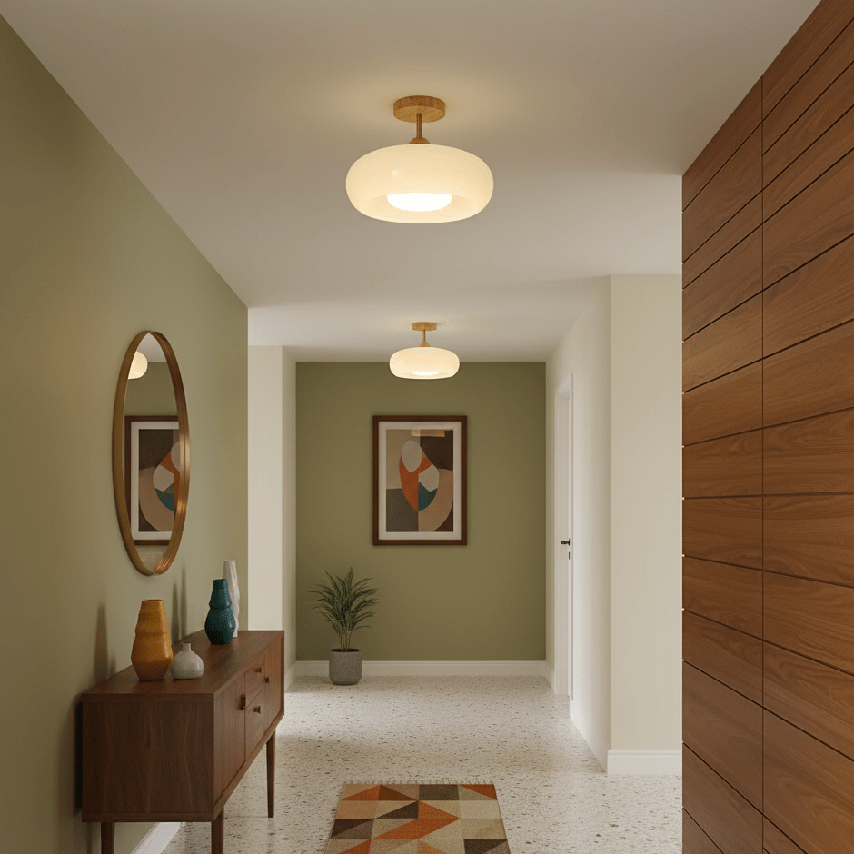 Plafonnier Ceiling Lamp Wood Glass 11 in Orange White Indoor Dining Bedroom Lighting Fixture | Thomler