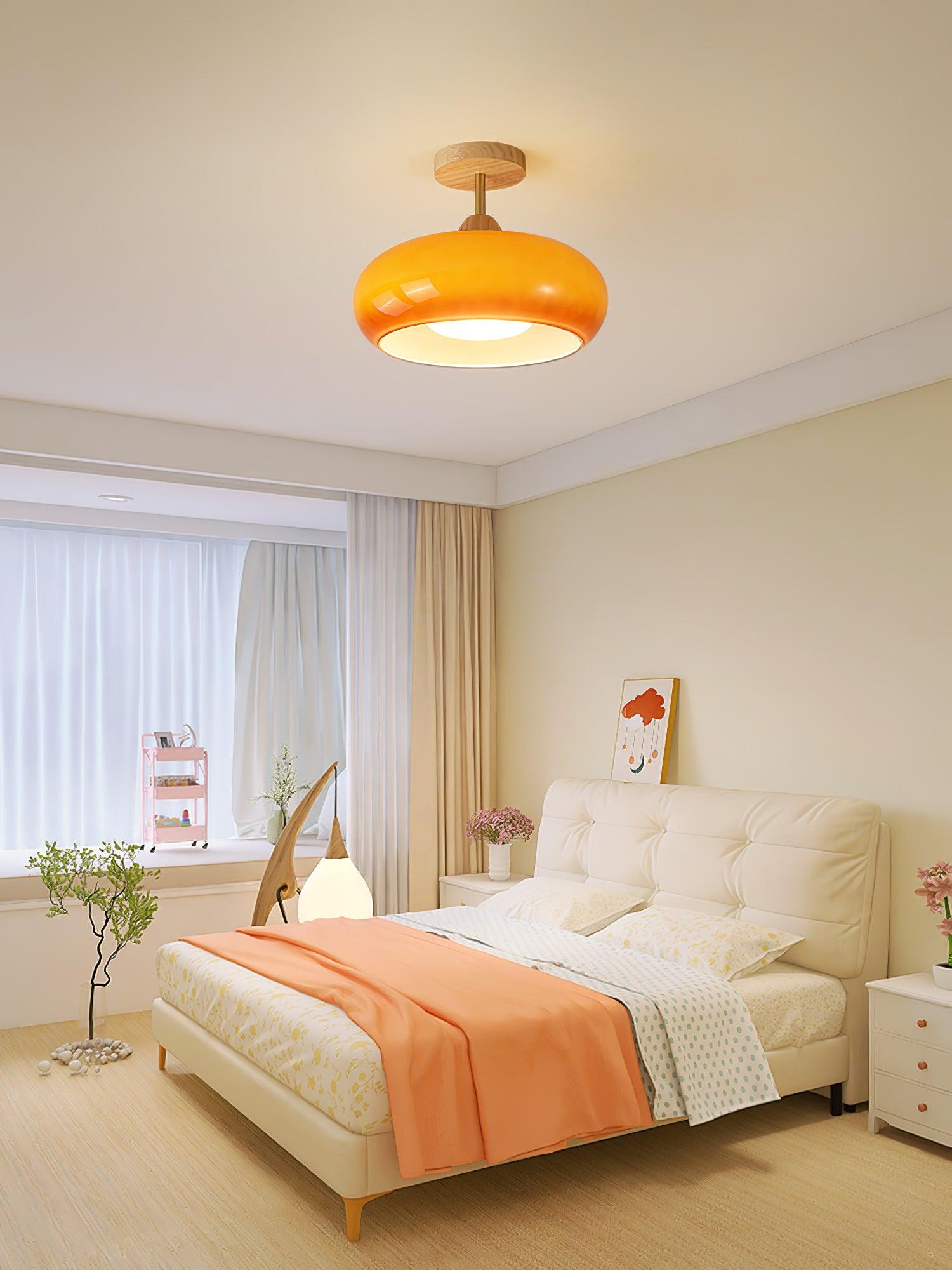 Plafonnier Ceiling Lamp Wood Glass 11 in Orange White Indoor Dining Bedroom Lighting Fixture | Thomler