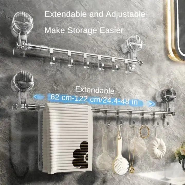 Towel Rail Stainless Steel 60.0–120.0 cm Adjustable Bathroom Kitchen Storage Rack With Suction Cups No Drill Hanging Organiser Hooks | Thomler