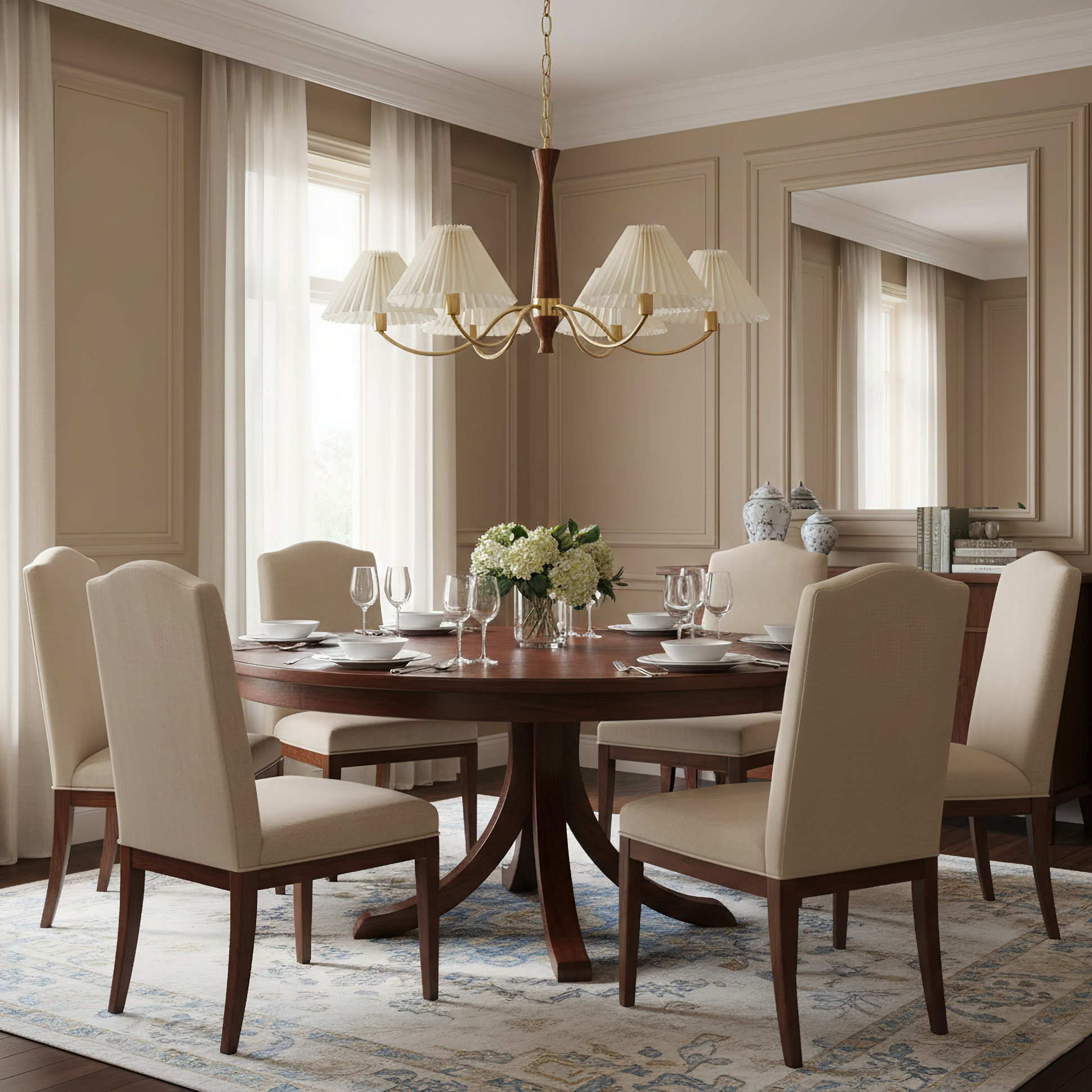 Chandelier Wood Iron 27.6 in Beige Pleated Shade Dining Room Ceiling Light Fixture Adjustable Multi Arm | Thomler