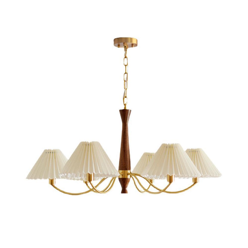 Chandelier Wood Iron 27.6 in Beige Pleated Shade Dining Room Ceiling Light Fixture Adjustable Multi Arm | Thomler