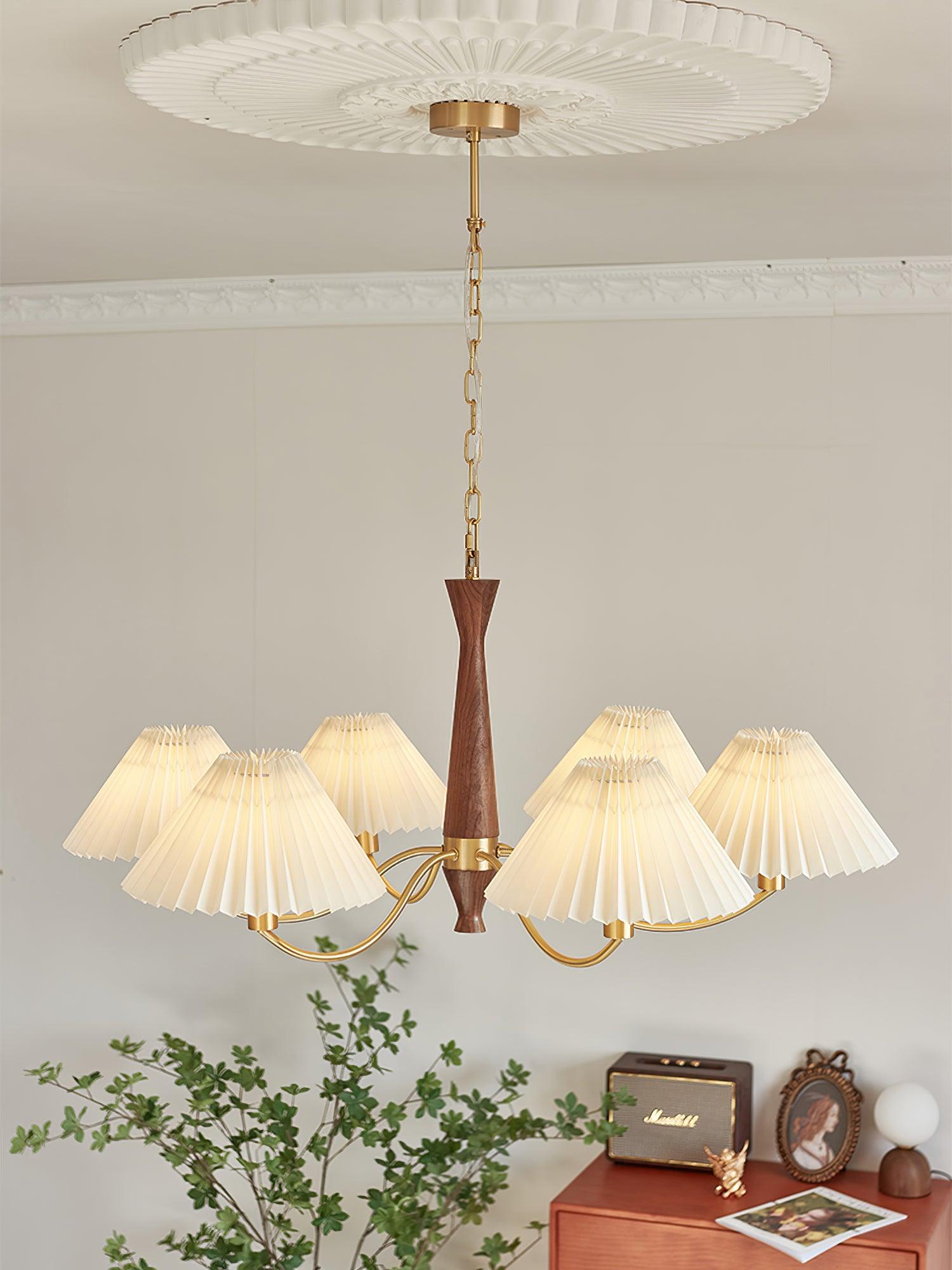 Chandelier Wood Iron 27.6 in Beige Pleated Shade Dining Room Ceiling Light Fixture Adjustable Multi Arm | Thomler