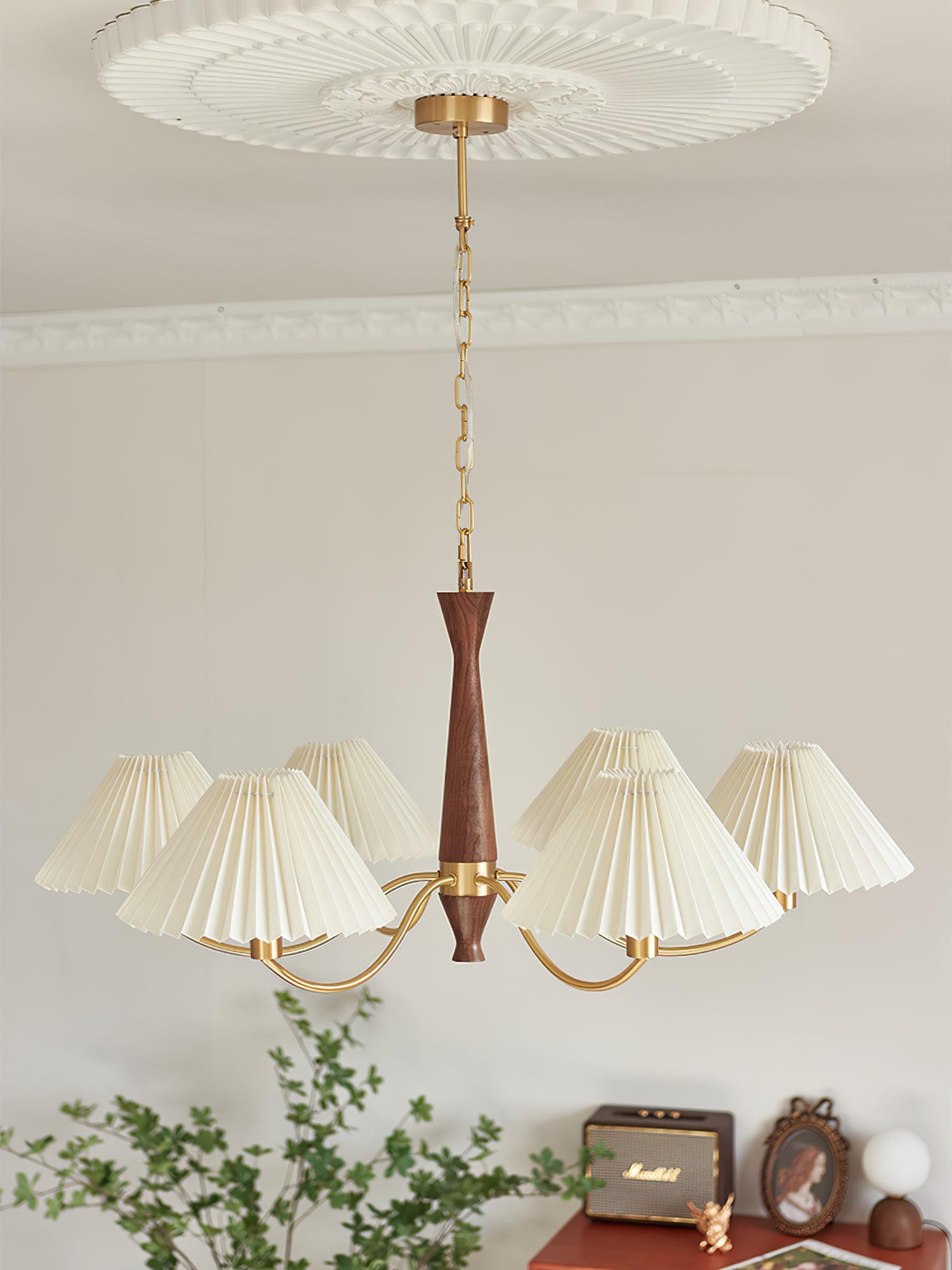 Chandelier Wood Iron 27.6 in Beige Pleated Shade Dining Room Ceiling Light Fixture Adjustable Multi Arm | Thomler