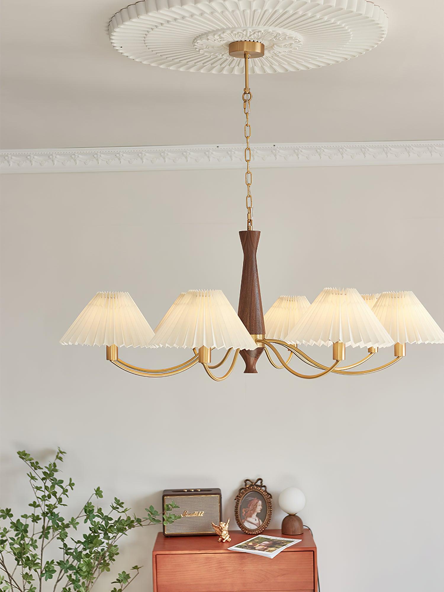 Chandelier Wood Iron 27.6 in Beige Pleated Shade Dining Room Ceiling Light Fixture Adjustable Multi Arm | Thomler