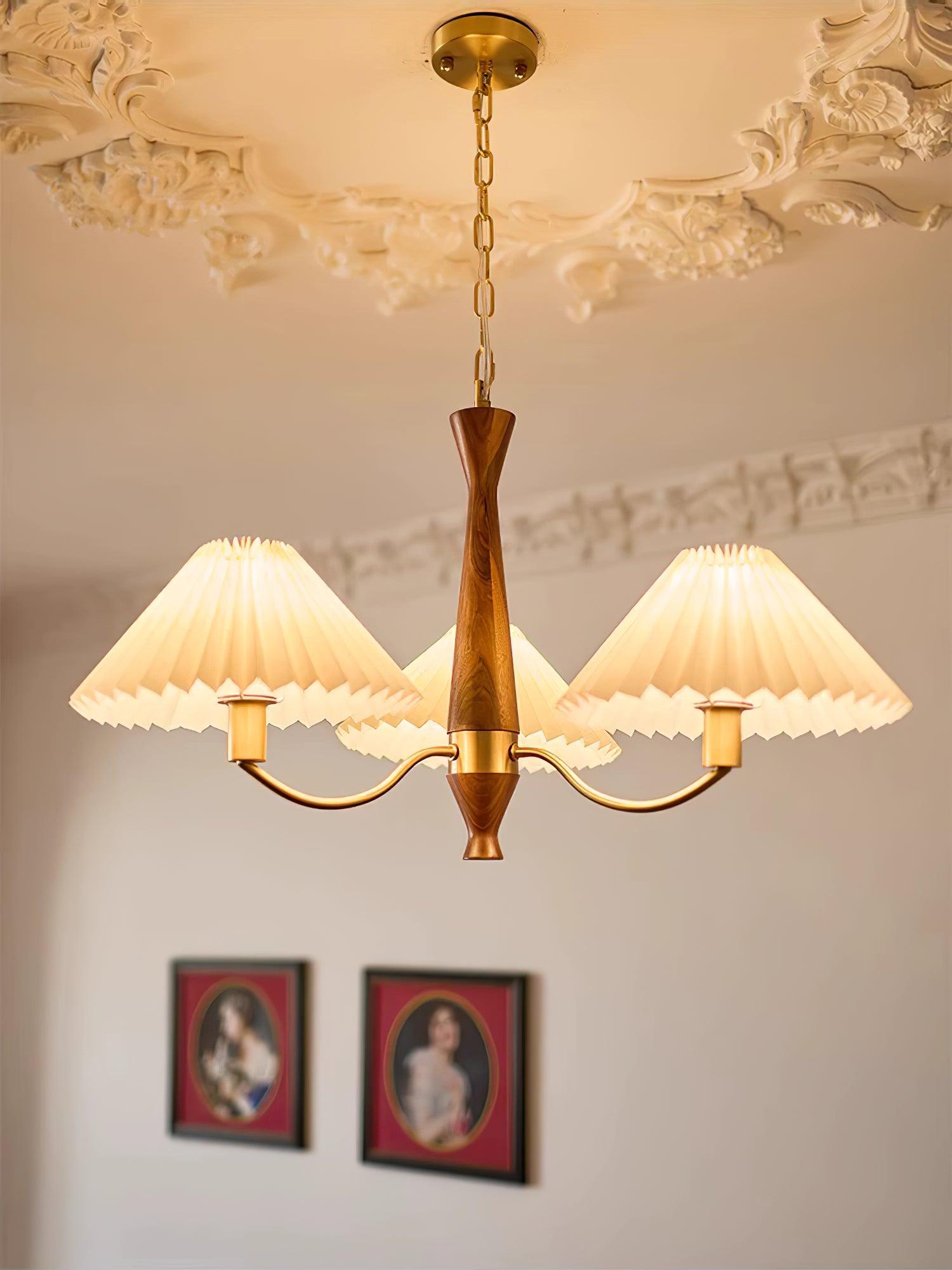 Chandelier Wood Iron 27.6 in Beige Pleated Shade Dining Room Ceiling Light Fixture Adjustable Multi Arm | Thomler