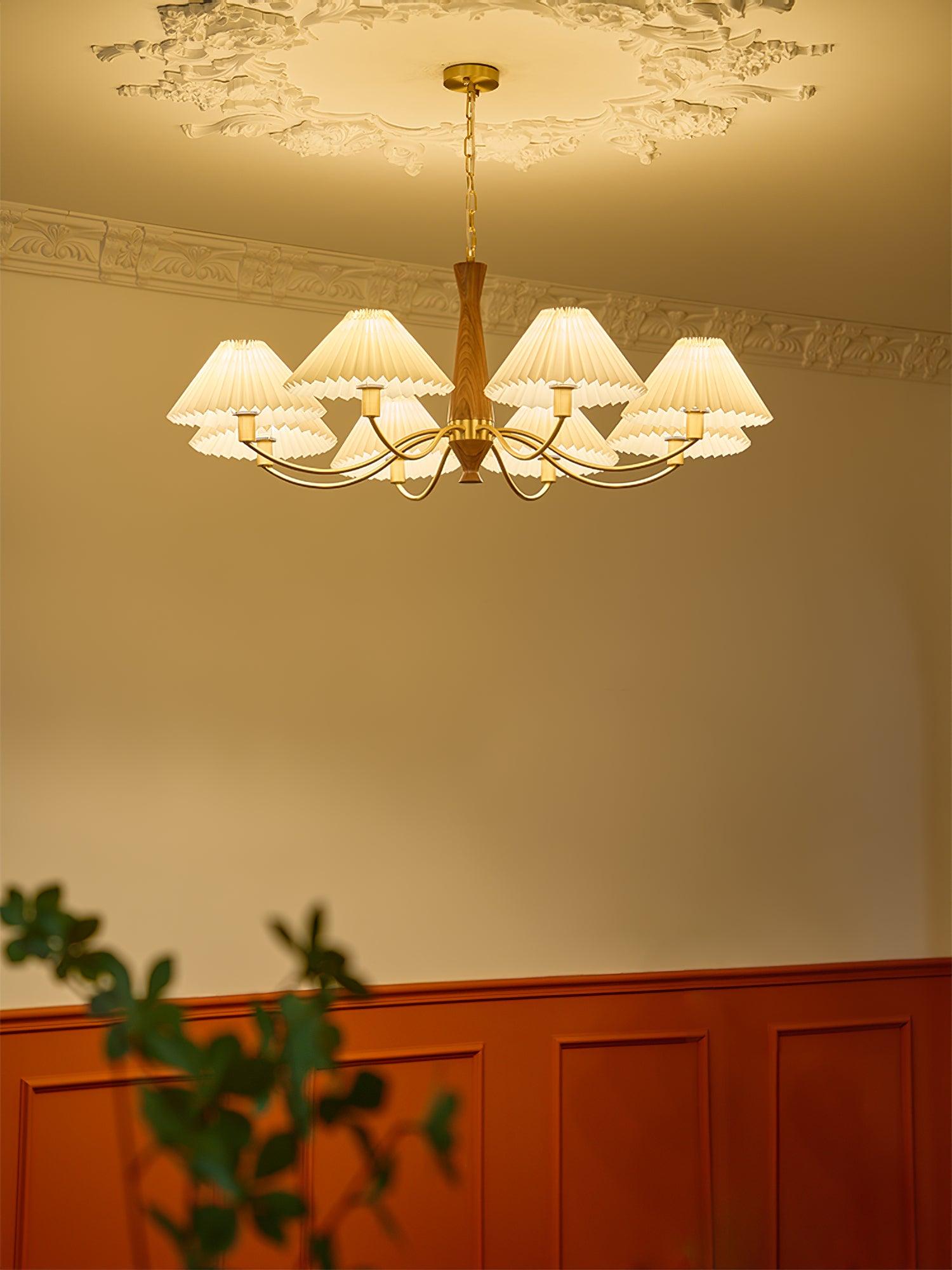 Chandelier Wood Iron 27.6 in Beige Pleated Shade Dining Room Ceiling Light Fixture Adjustable Multi Arm | Thomler