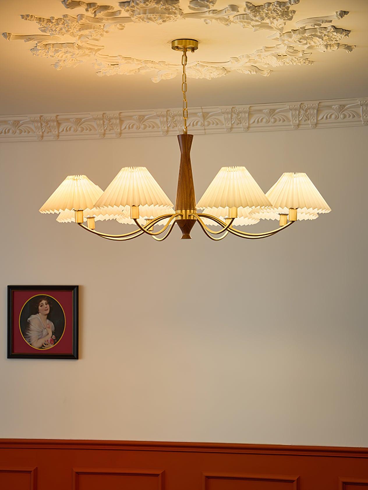 Chandelier Wood Iron 27.6 in Beige Pleated Shade Dining Room Ceiling Light Fixture Adjustable Multi Arm | Thomler
