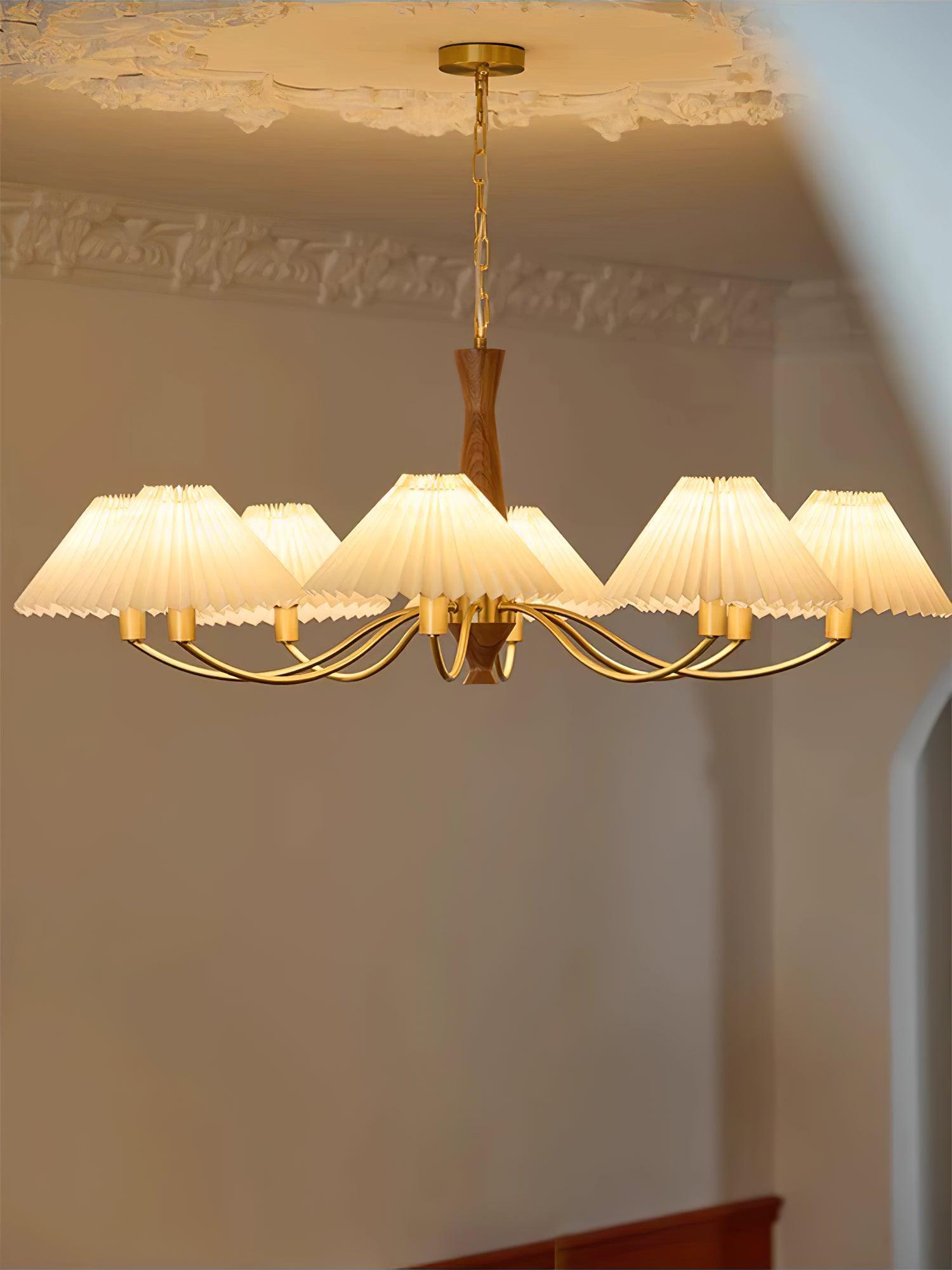 Chandelier Wood Iron 27.6 in Beige Pleated Shade Dining Room Ceiling Light Fixture Adjustable Multi Arm | Thomler