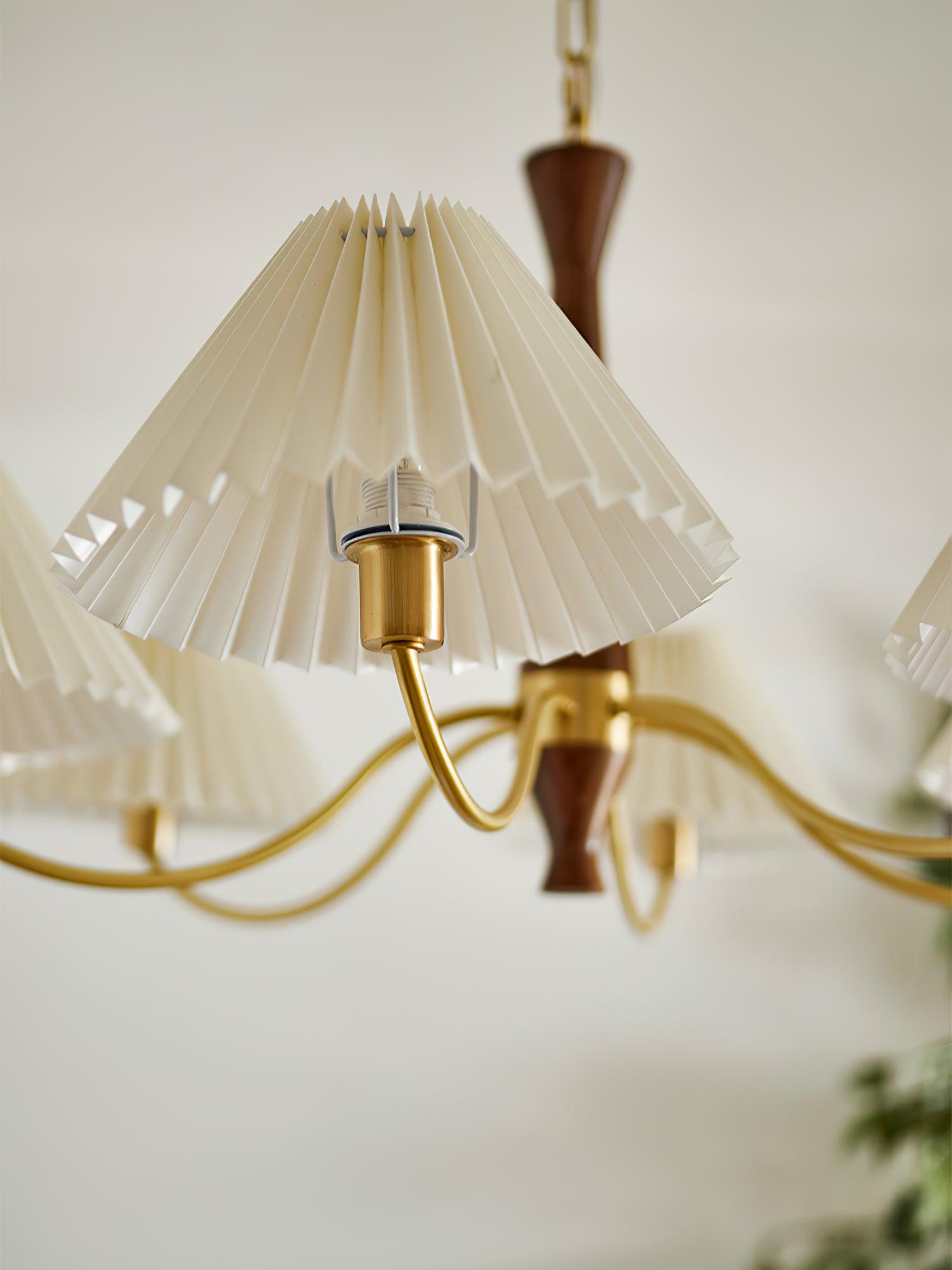 Chandelier Wood Iron 27.6 in Beige Pleated Shade Dining Room Ceiling Light Fixture Adjustable Multi Arm | Thomler