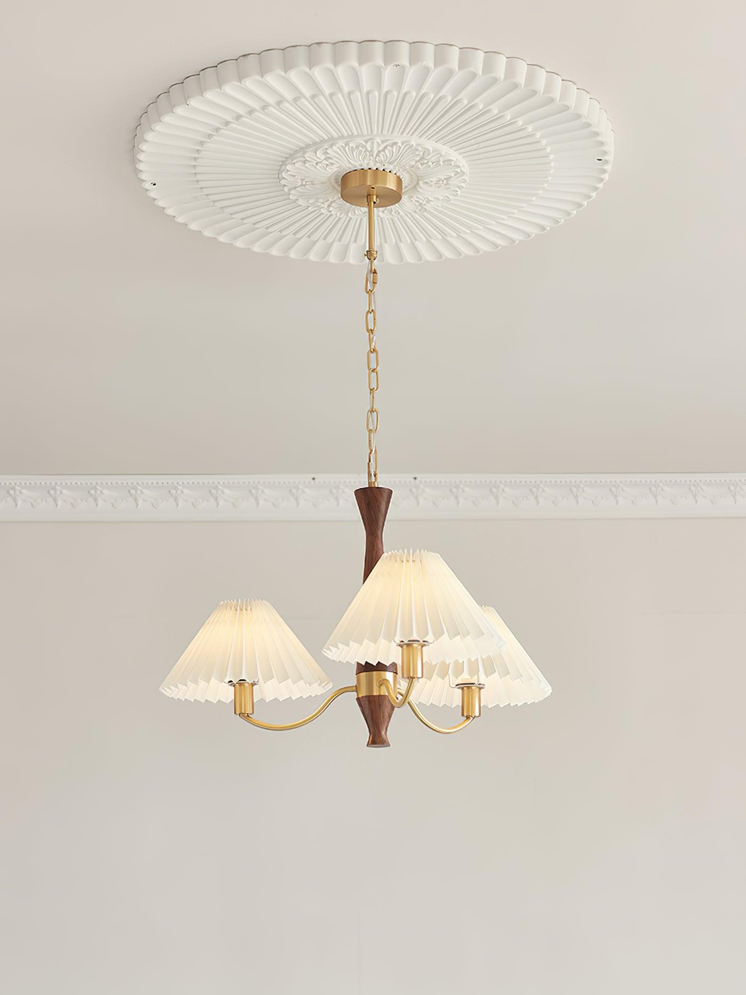 Chandelier Wood Iron 27.6 in Beige Pleated Shade Dining Room Ceiling Light Fixture Adjustable Multi Arm | Thomler