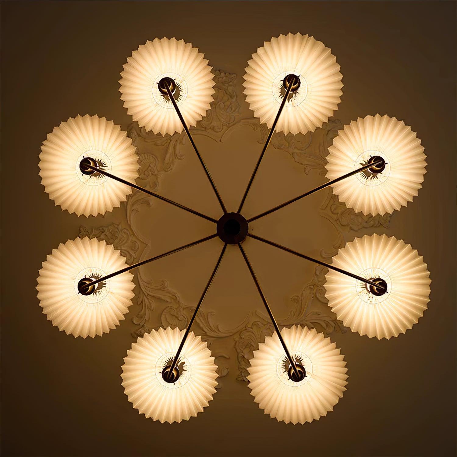 Chandelier Wood Iron 27.6 in Beige Pleated Shade Dining Room Ceiling Light Fixture Adjustable Multi Arm | Thomler