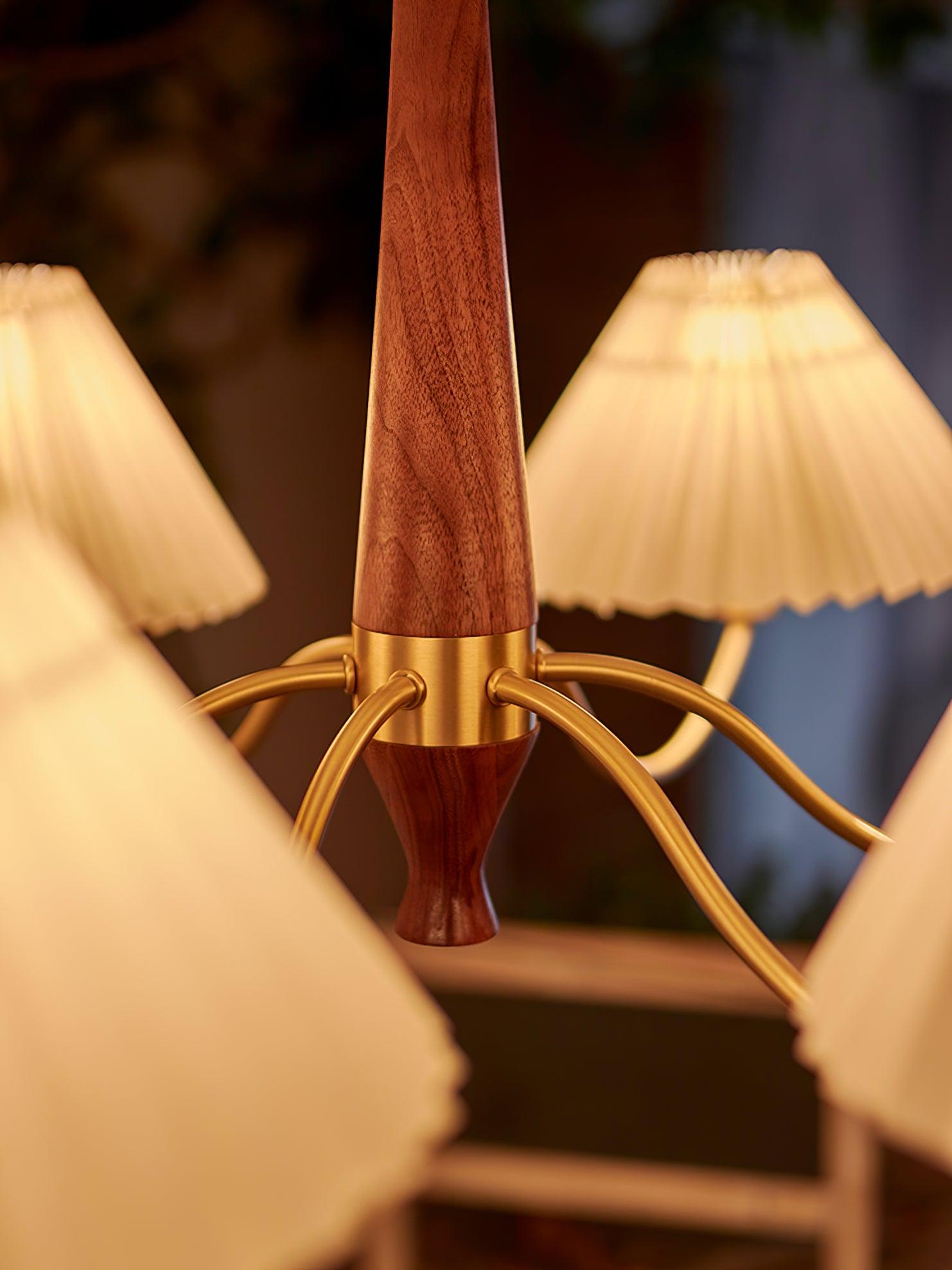 Chandelier Wood Iron 27.6 in Beige Pleated Shade Dining Room Ceiling Light Fixture Adjustable Multi Arm | Thomler